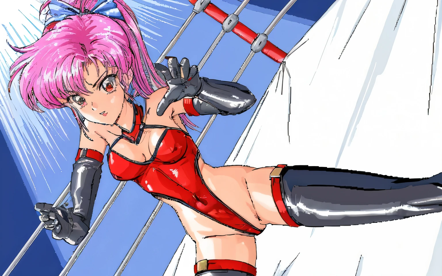 anime girl in red and black costume, anime style, Sexy pubic pose gesture, 90's erotic game style, In 80's anime art style