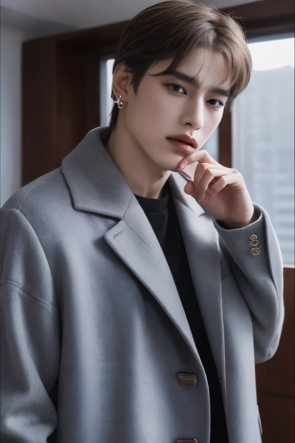 master piece, highest quality, High resolution, solo,spread your hands,((Ulzzang)),((bad boy)),sexy look,I can see the whole body,((Is the whole body in the frame?)),((male)),((coat)),(earrings),((sensual eyes)),((Gundam in the background)),((hand pose)),(lens 70mm),((perfect hands)),((gray hair))