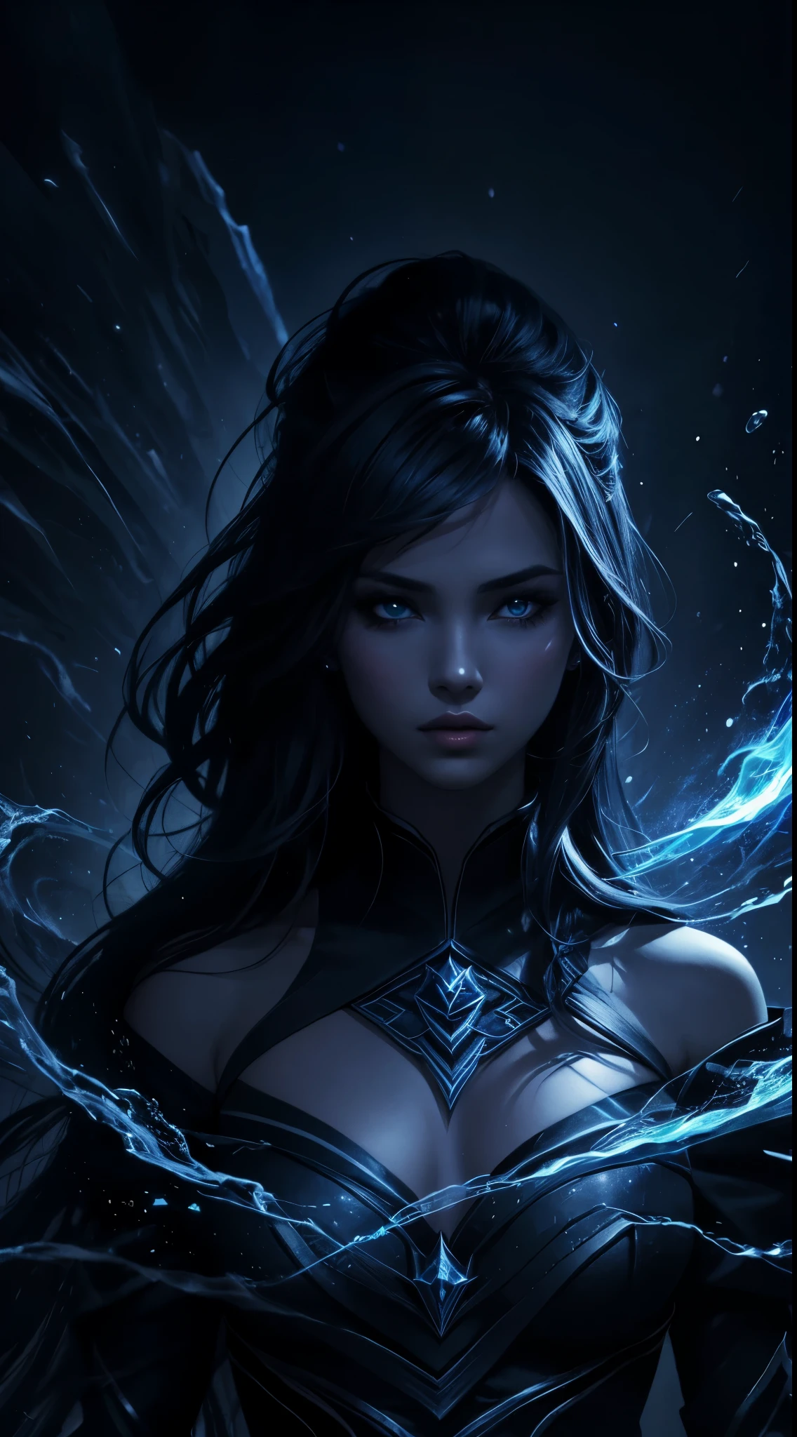 high quality, stary night blue Black beautiful woman Shadow Wizard, splash arts, aesthetic for Tshirt design, highly detailed, darktone