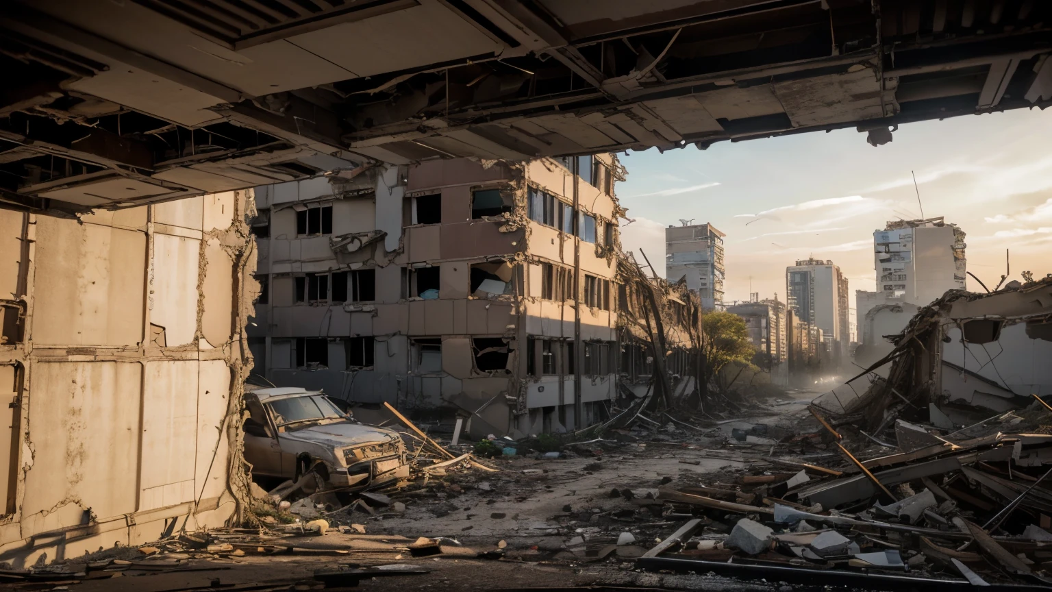 8K masterpiece, ((A city in ruins after the extinction of humanity)), ((soft light))、Tokyo、collapsing building、highway、the plant is eroding, 
