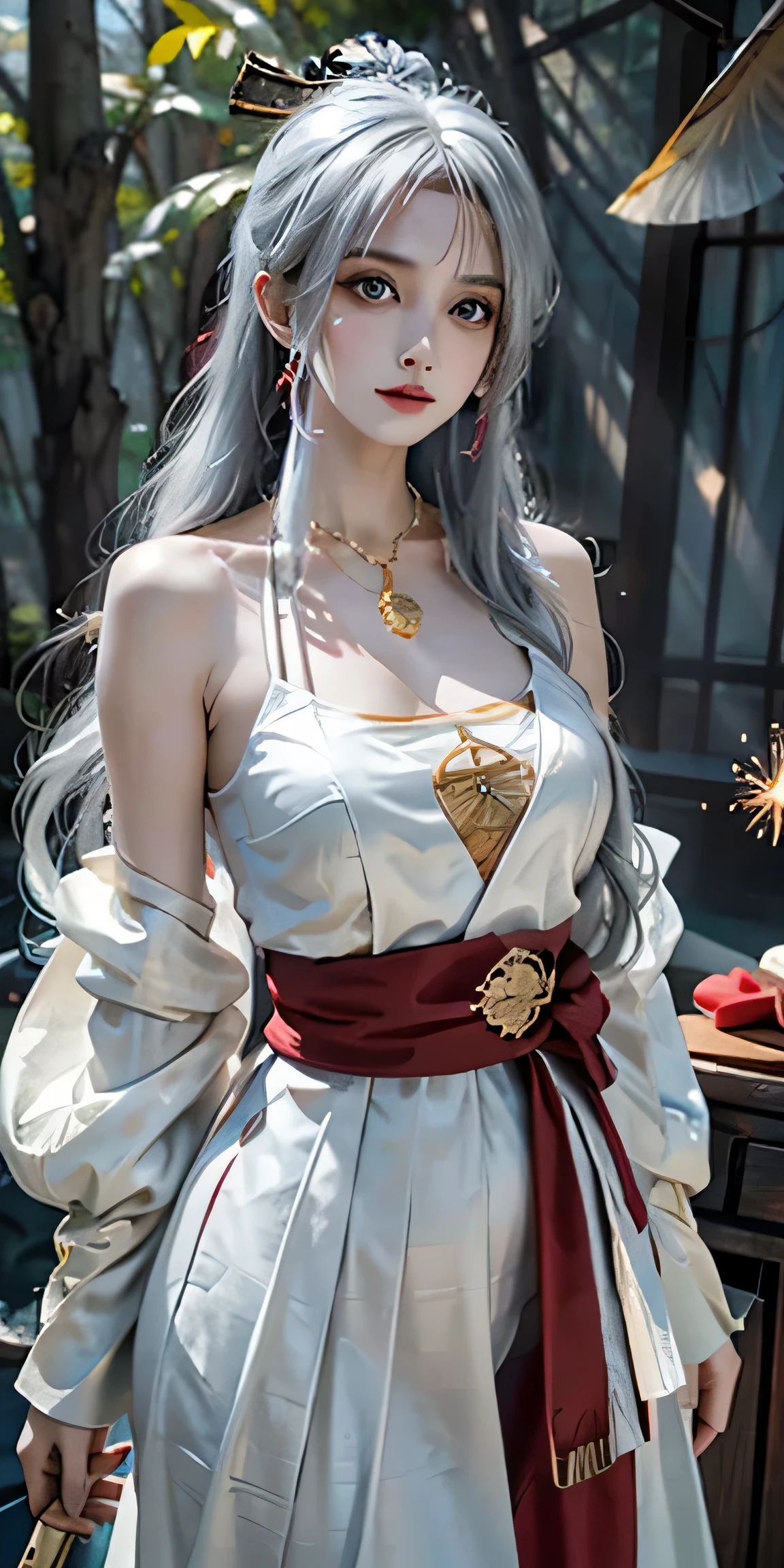 photorealistic, high resolution, 1women, solo, hips up, look at viewer, (detailed face), white hair, dunhuang_dress, jewelry, tattoo