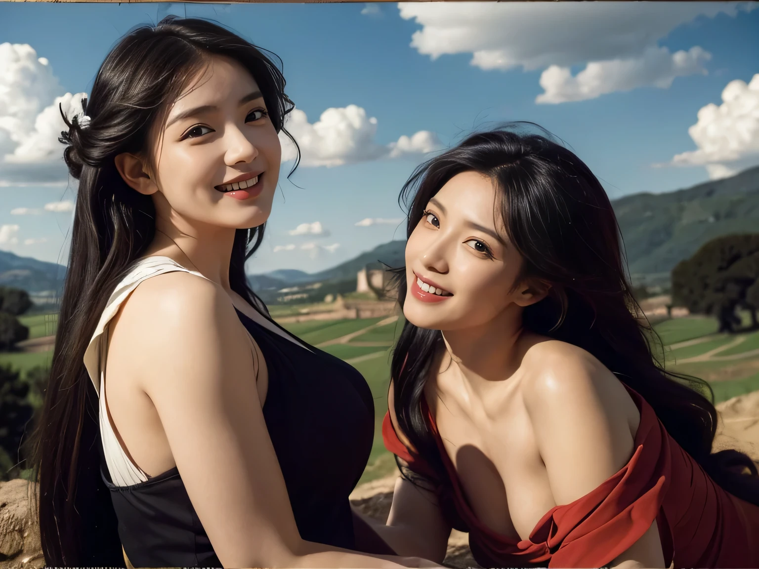 Ancient Roman landscape in the style of Nicolas Poussin,laughter,,Sweet and seductive appearance.、Caravaggio's paintings、Chiaroscuro of Caravaggio、hair tousled by the wind,Two women frolicking,cute smile, expression of ecstasy,Sexy,erotic