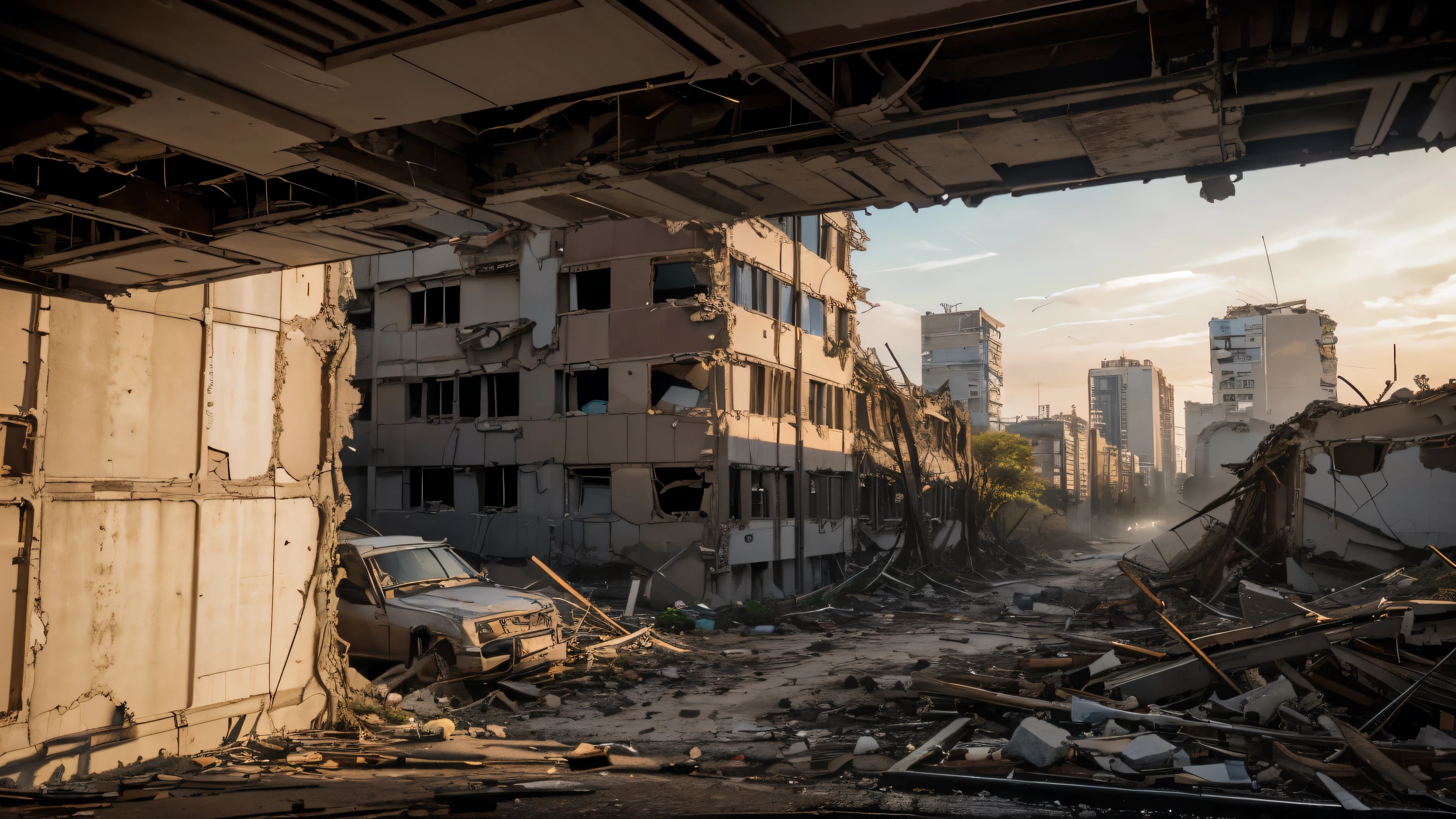 8K masterpiece, ((A ruined city after the extinction of humanity)), ((soft light))、Tokyo、collapsed building、highway、The plant is eroded, 