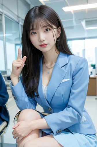 best quality, detailed, beautiful, insanely detailed, absurdres,perfect anatomy,
Japanese woman,black hair,27 years old,
(slender),
(small breasts),
cheerful, making a thumbs up, sitting,with a chair, cross-legged, looking at viewer, hair over one eye, curly hair, (light blue business suit, white skirt:1.3),(light yellow),blouse(cleavage:1.0), necklace, in the office,  from below