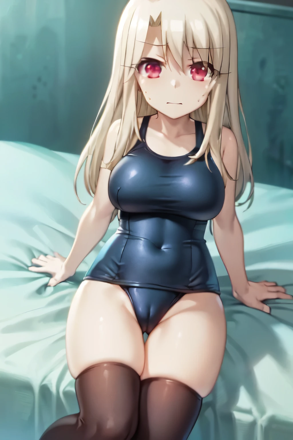 1girl, solo, 9 , from above, aaillya,long_hair,blonde_hair,red_eyes,hair_between_eyes,bangs,white_hair, one-piece swimsuit, short stature, Short arms, Short legs, perfect anatomy, (gigantic breasts:1.4), thighhighs, pussy line, looking up, shy, bashful, bed, absurdres, anime screencap, masterpiece, best quality,