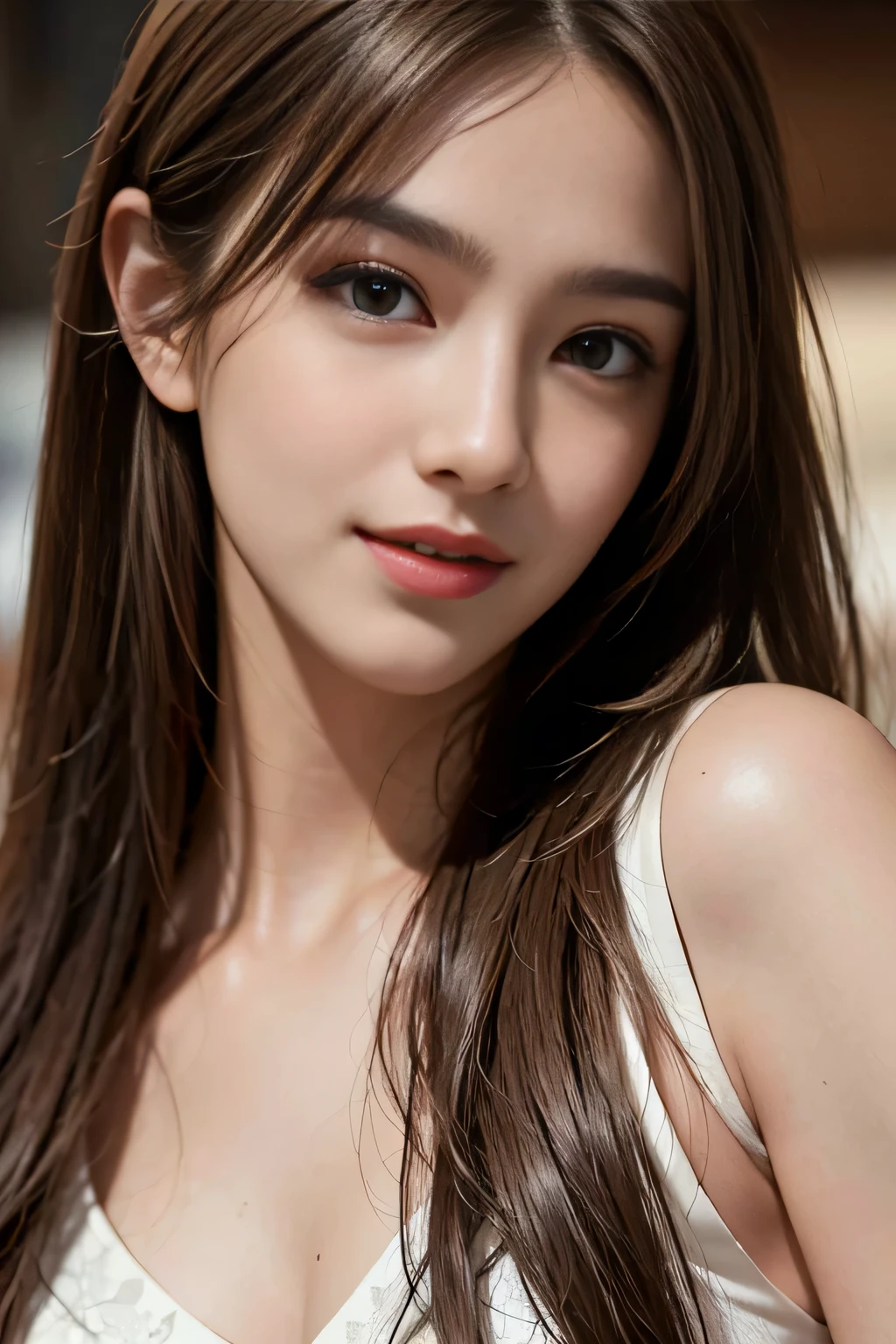 table top, highest quality, realistic, Super detailed, finely, High resolution, 8k wallpaper, 1 beautiful woman,, light brown messy hair, wearing a business suit, sharp focus, perfect dynamic composition, beautiful and detailed eyes, thin hair, Detailed realistic skin texture, smile, close-up portrait, model body shape