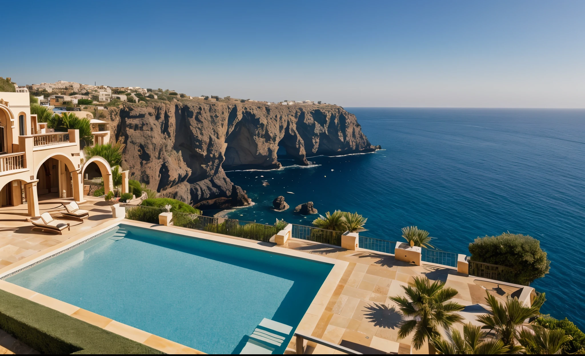 arafed view of a house with a pool in front of a cliff, mediterranean architecture, exquisite architecture, luxury lifestyle, greek pool, stunning architecture, luxury architecture, very close to real nature, beautiful architecture, highly rendered!!, luxury castle, extremely opulent, serene and peaceful style, built around ocean, stone and glass and gold, ornate retreat, incredibly beautiful