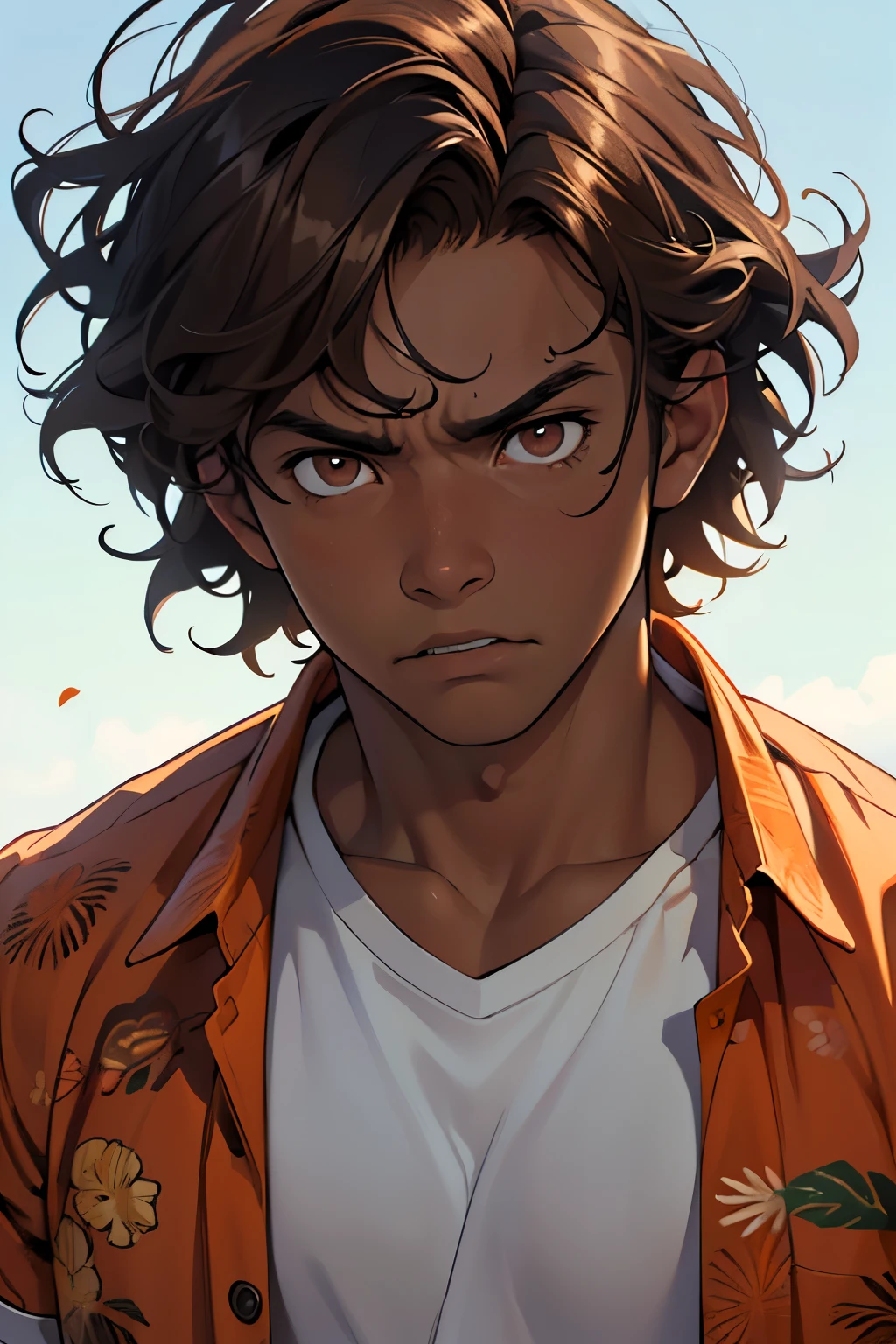 (best quality,4k,8k,highres,masterpiece:1.2),ultra-detailed,realistic,portrait,teenager,-yeld boark skin,brown wavy hair,brown eyes,orange Hawaiian shirt,white shorts,angry and upset expression, angry eyes, detailed facial features,