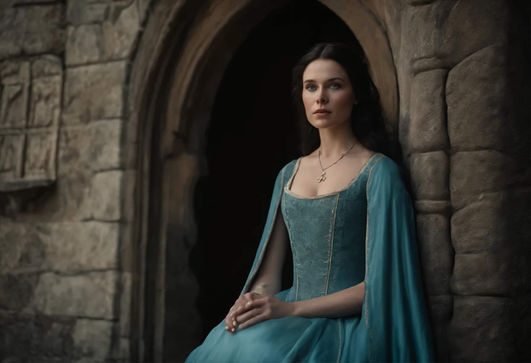 Fourteenth century beautiful courtesan. Pale skin, Black hair, kneels on the floor beside a wooden door with a slot in it, gothic, sense of unease, mysterious, gloomy castle tower, cinematic, cinematic scene from film, 8k, cinematic in the style of Dion Beebe Gothic, cinematographic, (intricate :1.4), covered landscape, sense of unease, mysterious, gloomy castle tower, realistic photo, CG, art station. (Masterpiece, Best quality, high resolution:1.4), 1 girl, (Masterpiece, Best quality, high resolution:1.4), 1 girl, purity, skin pores texture, Black hair, hd , Photography, Movie, cinematographic, full body, realistic, (8K, raw photo, Best quality, Masterpiece:1.2), (realistic, photo-realistic:1.33), Best quality, detailed light blue eyes, natural lighting, Depth of field, Movie grain, wrinkled skin, very pale skin, Sharp, detailed and realistic full body shot of a 25 years old girl, (freckles:0. 5), outside, wearing a greyish turquoise medieval dress, looking to the camera, chapped lips, soft natural lighting, Full body photography, Magic photography, dramatic lighting, Photographic realism, ultra detailed, intimate full body shot composition, Leica 50mm