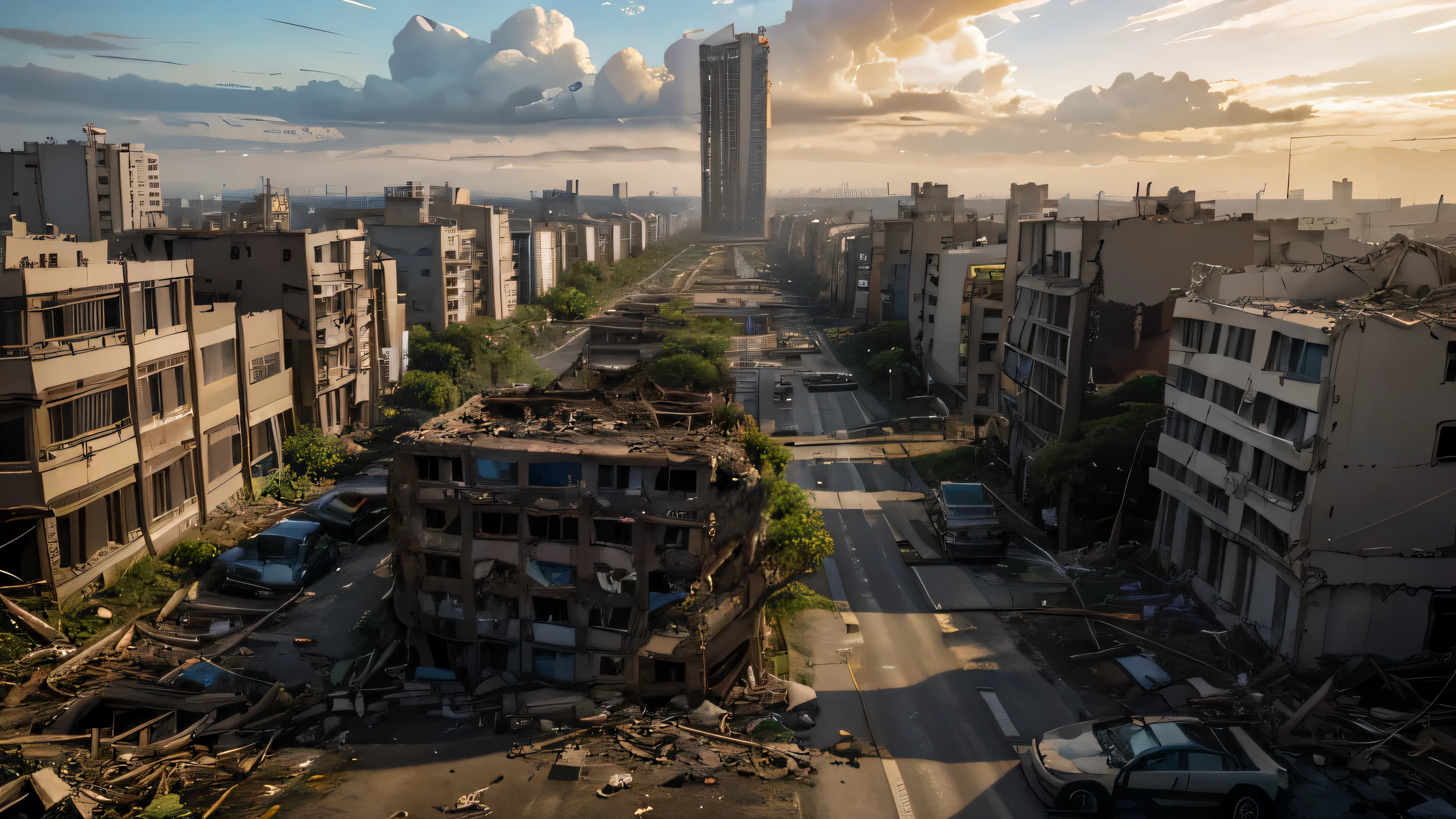 8K masterpiece, ((Desolate city after the extinction of humanity)), ((soft light))、Tokyo、collapsed building、highway、(The plant is eroded,) 、wide angle、Citywide
