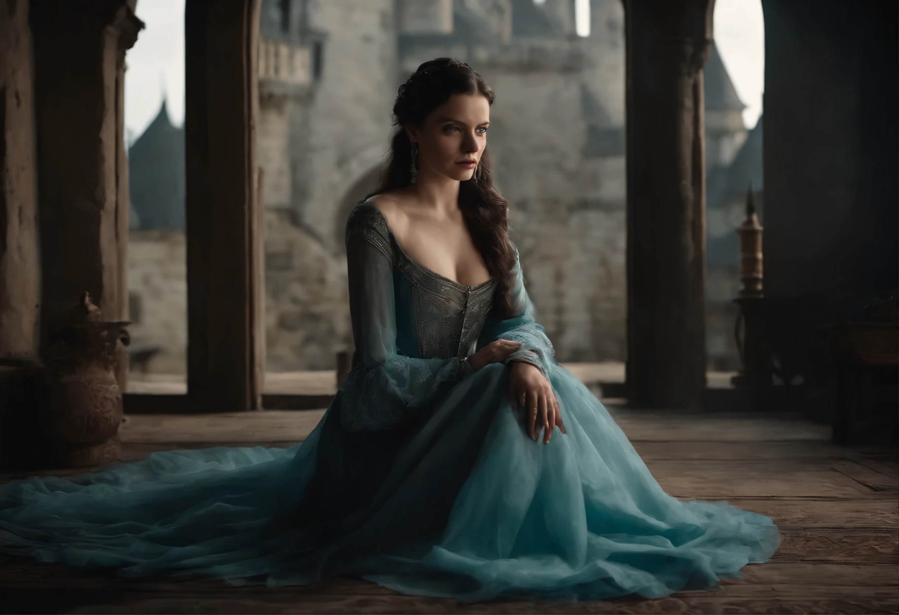 Fourteenth century beautiful courtesan. Pale skin, Black hair, kneels on the floor beside a wooden door with a slot in it, gothic, sense of unease, mysterious, gloomy castle tower, cinematic, cinematic scene from film, 8k, cinematic in the style of Dion Beebe Gothic, cinematographic, (intricate :1.4), covered landscape, sense of unease, mysterious, gloomy castle tower, realistic photo, CG, art station. (Masterpiece, Best quality, high resolution:1.4), 1 girl, (Masterpiece, Best quality, high resolution:1.4), 1 girl, purity, skin pores texture, Black hair, hd , Photography, Movie, cinematographic, full body, realistic, (8K, raw photo, Best quality, Masterpiece:1.2), (realistic, photo-realistic:1.33), Best quality, detailed light blue eyes, natural lighting, Depth of field, Movie grain, wrinkled skin, very pale skin, Sharp, detailed and realistic full body shot of a 25 years old girl, (freckles:0. 5), outside, wearing a greyish turquoise medieval dress, looking to the camera, chapped lips, soft natural lighting, Full body photography, Magic photography, dramatic lighting, Photographic realism, ultra detailed, intimate full body shot composition, Leica 50mm