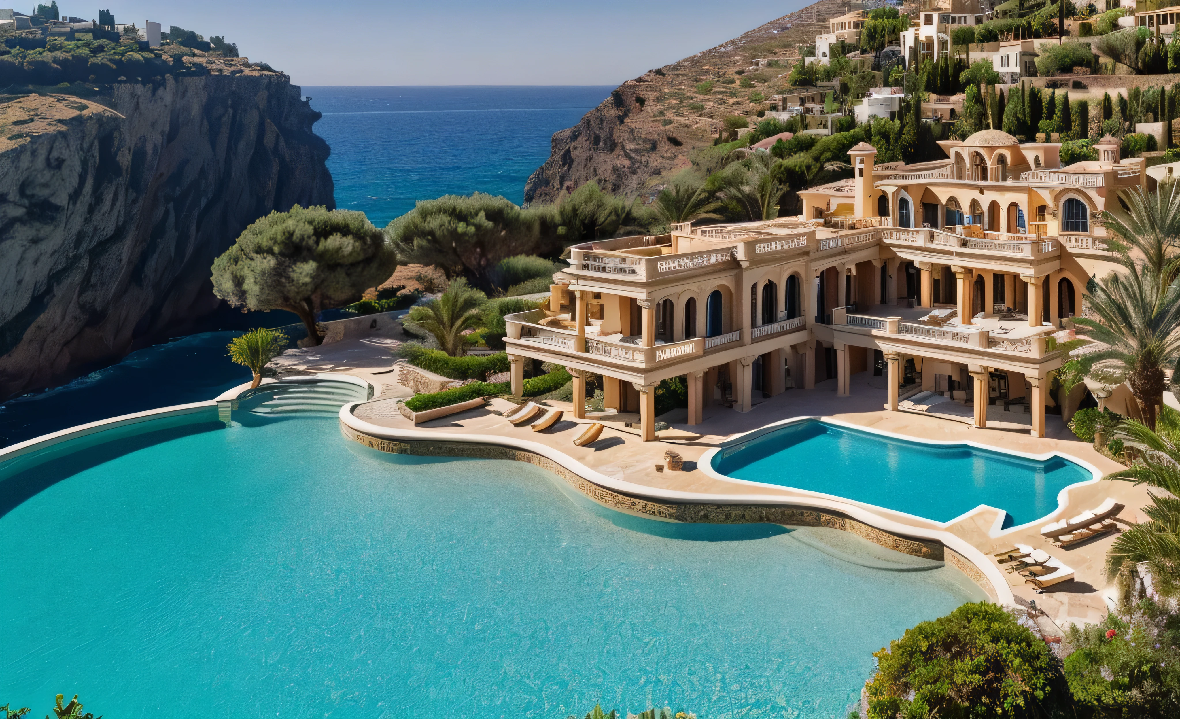 arafed view of a house with a pool in front of a cliff, mediterranean architecture, exquisite architecture, luxury lifestyle, greek pool, stunning architecture, luxury architecture, very close to real nature, beautiful architecture, highly rendered!!, luxury castle, extremely opulent, serene and peaceful style, built around ocean, stone and glass and gold, ornate retreat, incredibly beautiful