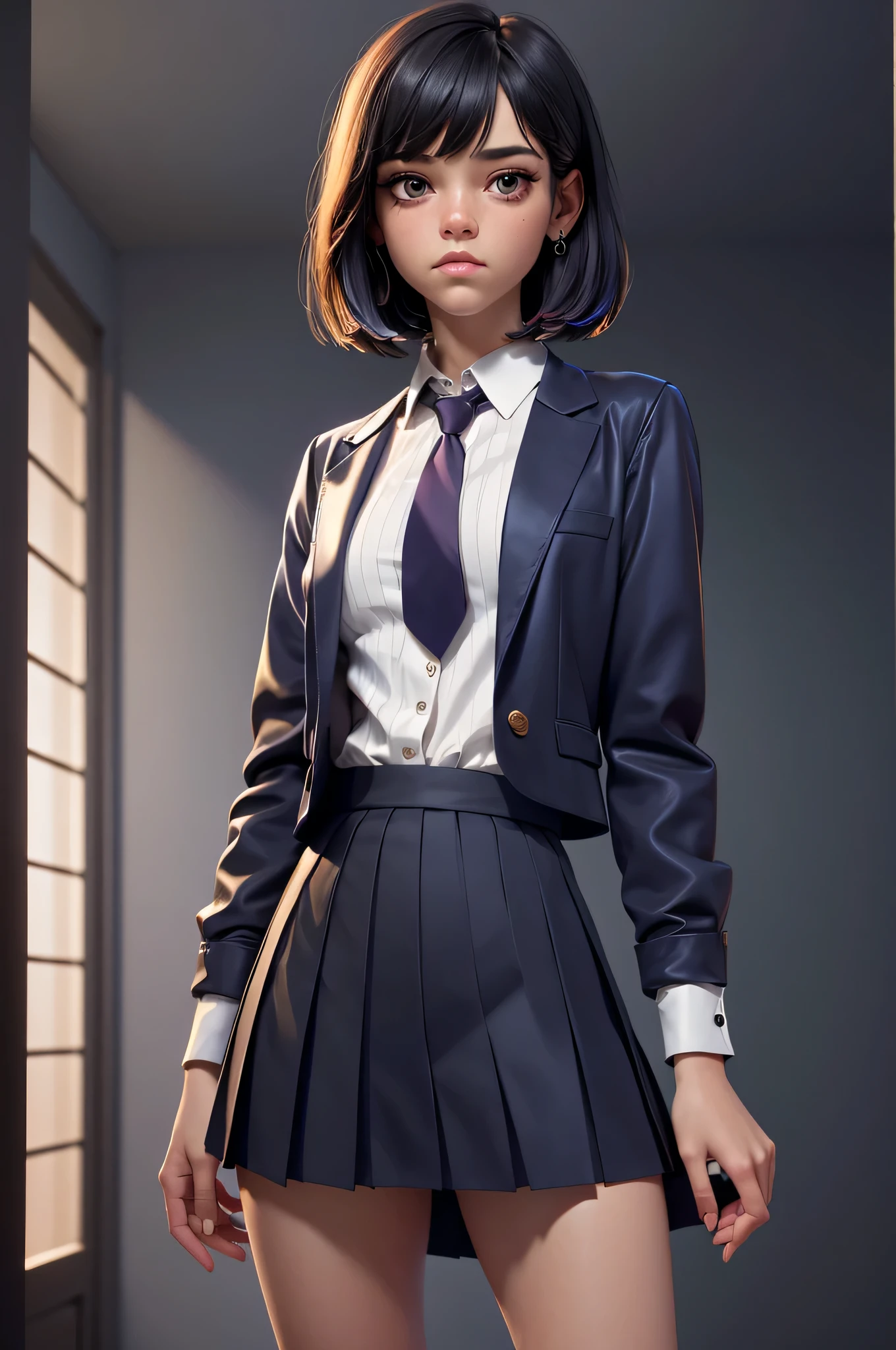 Jenna Ortega, 16 years, (One:1.1), Jenna Ortega, perfect face, (((night skirt suit))), (((pleated school miniskirt))), (((night color jacket))), (((Silk tie))), Windsor tie, (((White shirt))), shirt under vest, cup size three, (((Night color miniskirt with 1 horizontal gold stripe))), (((night color vest))), One focus, fully dressed, elegantly dressed, Grumpy expression, closed mouth, short hair, straight bangs, long bangs, Hair parted in the middle, black hair, Dark brown eyes, beautiful detailed eyes，bright students，（very good and beautiful), (Beautiful and detailed description of the eyes), [[gentle fingers and hands:0.55]::0.85], (detail fingers), Facing the camera, (Background with：school corridor，mystical atmosphere), (Illustration, cartoon, Masterpiece, very detailed, Best quality，cinematic lighting，muted colors, detailed background, A high resolution)