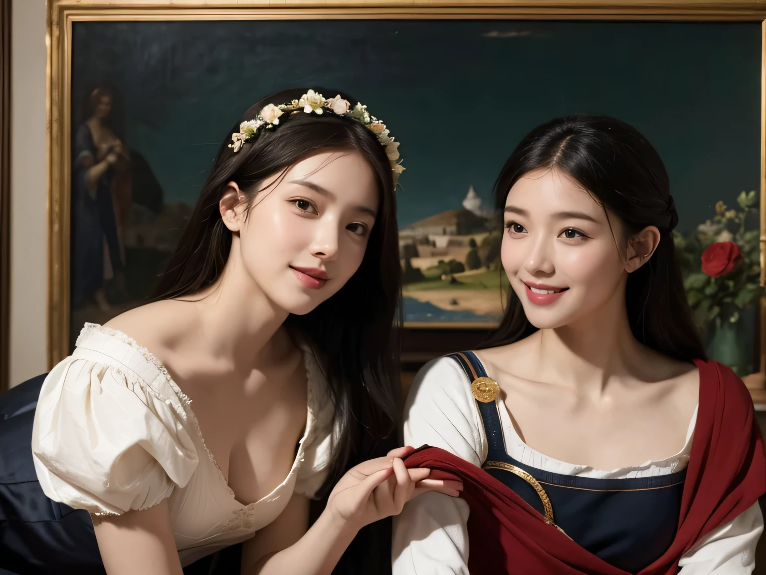 Giorgione painting style,Arguments of two female Philosophe,math、astronomical machine、astronaut、roses in vase、fruits、Cute trinkets、smile、ancient greek costume、Ancient Roman landscape in the style of Nicolas Poussin,laughter,,Sweet and seductive appearance.、Caravaggio's paintings、Chiaroscuro of Caravaggio、hair tousled by the wind,Two women frolicking,cute smile, expression of ecstasy,Sexy,erotic