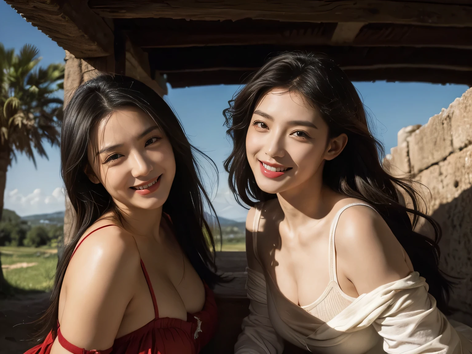Ancient Roman landscape in the style of Nicolas Poussin,laughter,,Sweet and seductive appearance.、Caravaggio's paintings、Chiaroscuro of Caravaggio、hair tousled by the wind,Two women frolicking,cute smile, expression of ecstasy,Sexy,erotic