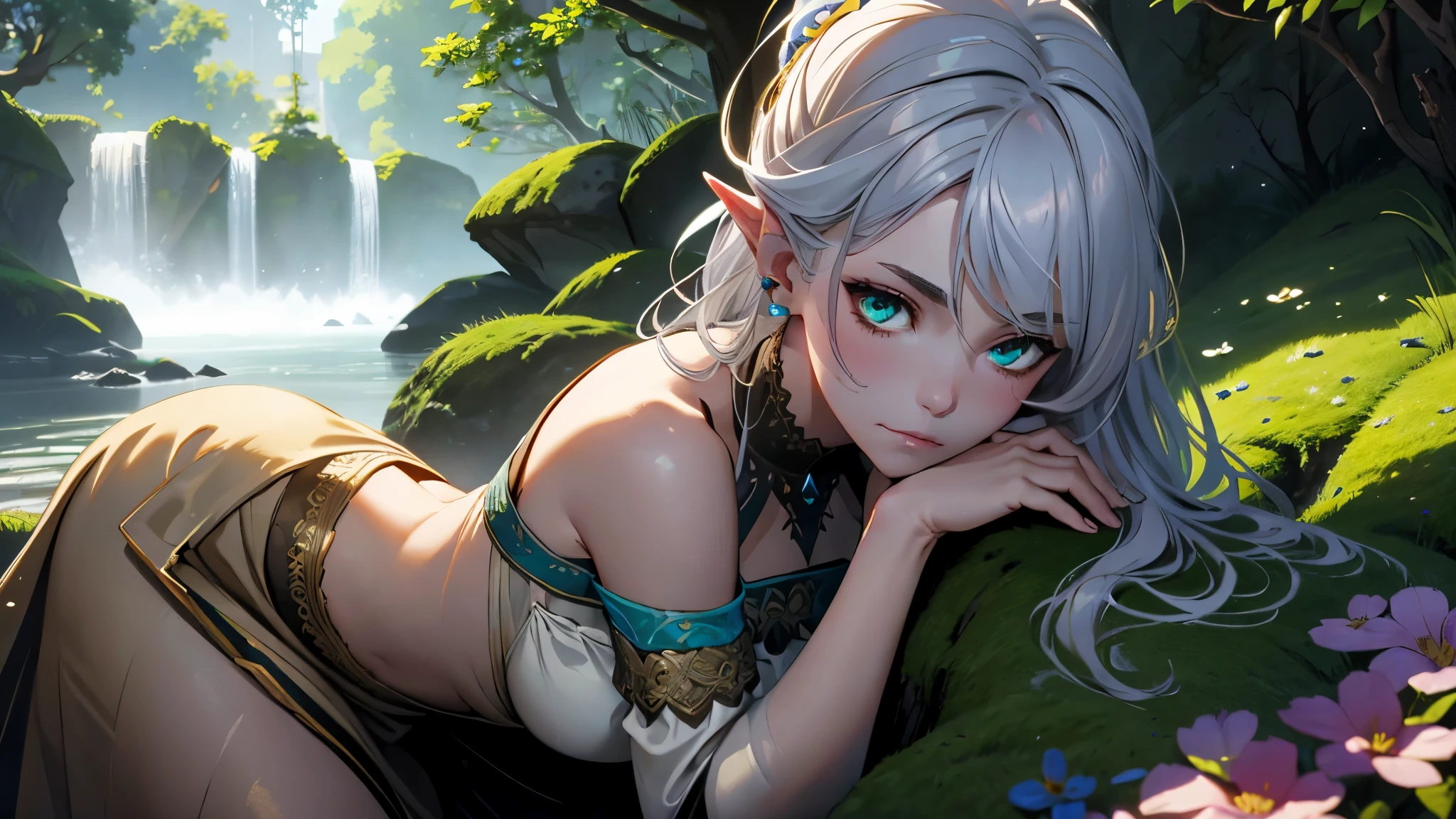 A beautiful girl (model), aged 17-19. She resembles Ciri from The Witcher 3, with silver hair and a slender figure. She has elven ears with piercings. Sitting on a moss-covered boulder. She looks bored. Medium: Illustration. Additional details: The girl is wearing an elegant and flowing dress, reminiscent of fantasy fashion. The dress has intricate patterns and is made of shimmering fabric. There are delicate flowers scattered around her, complementing the enchanting atmosphere. The girl's eyes are mesmerizing, with deep blue hues that reflect her melancholy. Sunlight filters through the dense foliage of ancient trees, casting a soft, ethereal glow on the scene. The moss on the boulder adds a touch of organic texture, enhancing the natural ambiance. Image quality: (best quality, 4k, 8k, highres, masterpiece:1.2), ultra-detailed, (realistic, photorealistic, photo-realistic:1.37), HDR, UHD, studio lighting, ultra-fine painting, sharp focus, physically-based rendering, extreme detail description, professional, vivid colors, bokeh. Art style: Portraits, fantasy. Color tone: Soft and muted colors, with hints of cool blues and warm golden tones. Lighting: Soft, diffused light, casting gentle shadows on the girl's face and the surrounding environment. The sunlight creates dappled patterns through the foliage, adding a magical touch to the scene. Remember to output the Stable Diffusion prompt without any prefix.