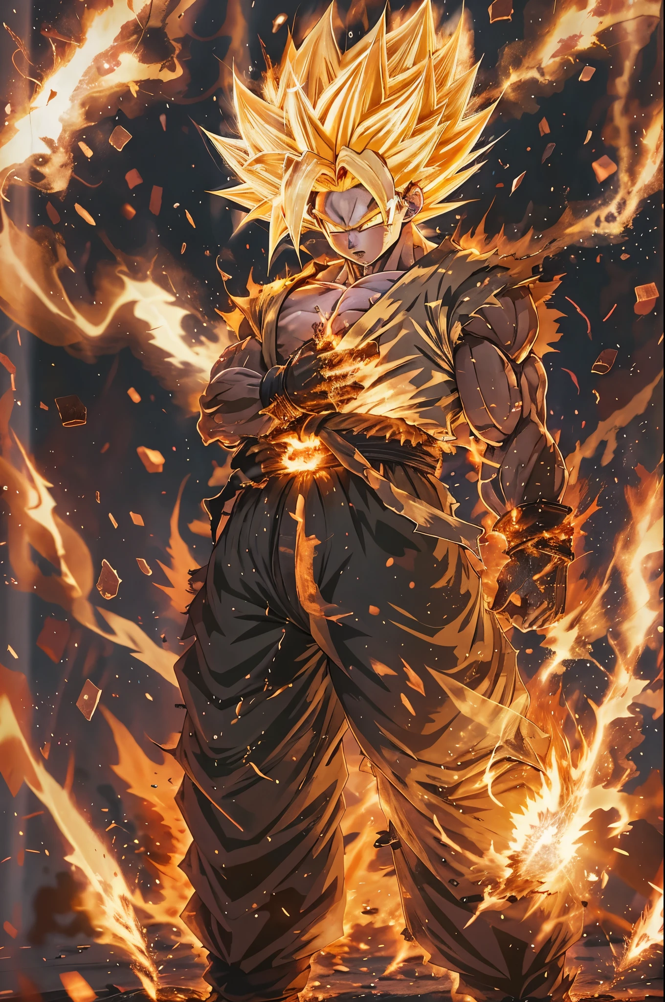 Super Saiyan one,1boy,artist name,aura,blonde hair,clenched hand,clenched hands,debris,dougi,electricity,embers,fire,gloves,glowing,male focus,muscular,orange background,solo,spiked hair,standing,teeth,torn clothes,veins,watermark