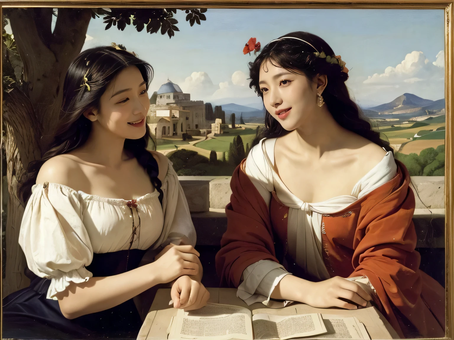 Giorgione painting style,Arguments of two female Philosophe,math、astronomical machine、astronaut、roses in vase、fruits、Cute trinkets、smile、ancient greek costume、Ancient Roman landscape in the style of Nicolas Poussin,laughter,,Sweet and seductive appearance.、Caravaggio's paintings、Chiaroscuro of Caravaggio、hair tousled by the wind,Two women frolicking,cute smile, expression of ecstasy,Sexy,erotic