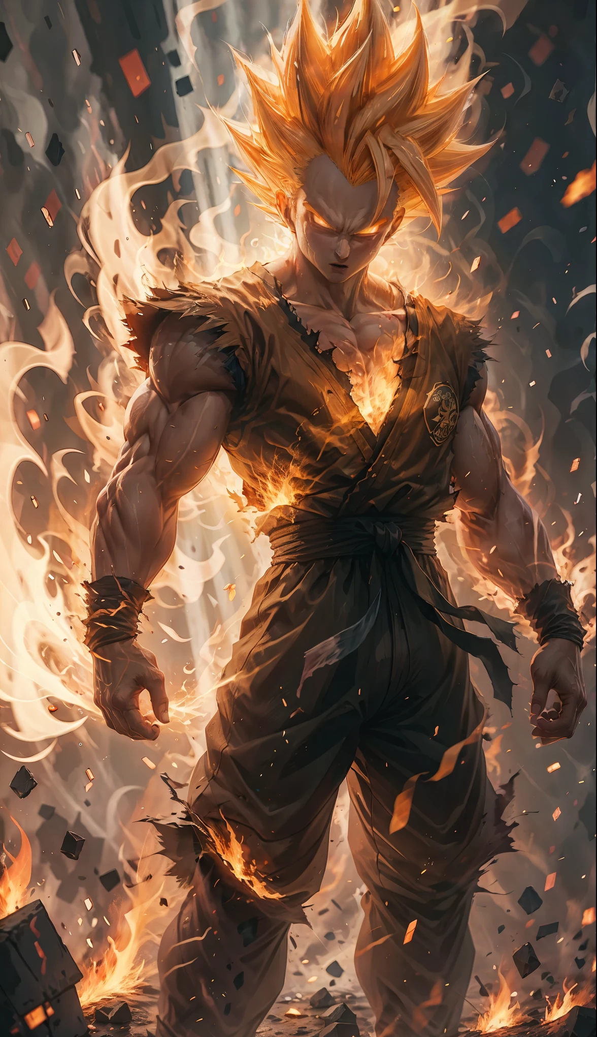 Super Saiyan one,1boy,artist name,aura,blonde hair,clenched hand,clenched hands,debris,dougi,electricity,embers,fire,gloves,glowing,male focus,muscular,orange background,solo,spiked hair,standing,teeth,torn clothes,veins,