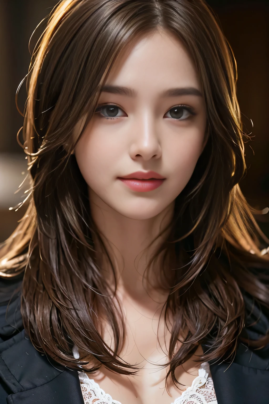 table top, highest quality, realistic, Super detailed, finely, High resolution, 8k wallpaper, 1 beautiful woman,, light brown messy hair, wearing a business suit, sharp focus, perfect dynamic composition, beautiful and detailed eyes, thin hair, Detailed realistic skin texture, smile, close-up portrait, model body shape