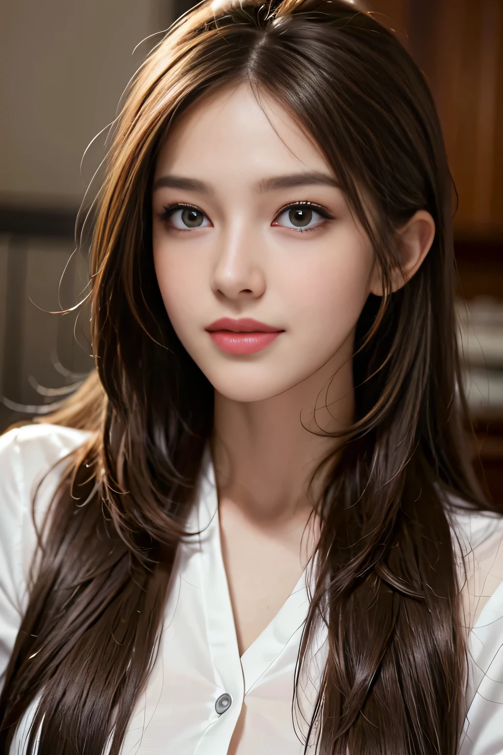 table top, highest quality, realistic, Super detailed, finely, High resolution, 8k wallpaper, 1 beautiful woman,, light brown messy hair, wearing a business suit, sharp focus, perfect dynamic composition, beautiful and detailed eyes, thin hair, Detailed realistic skin texture, smile, close-up portrait, model body shape