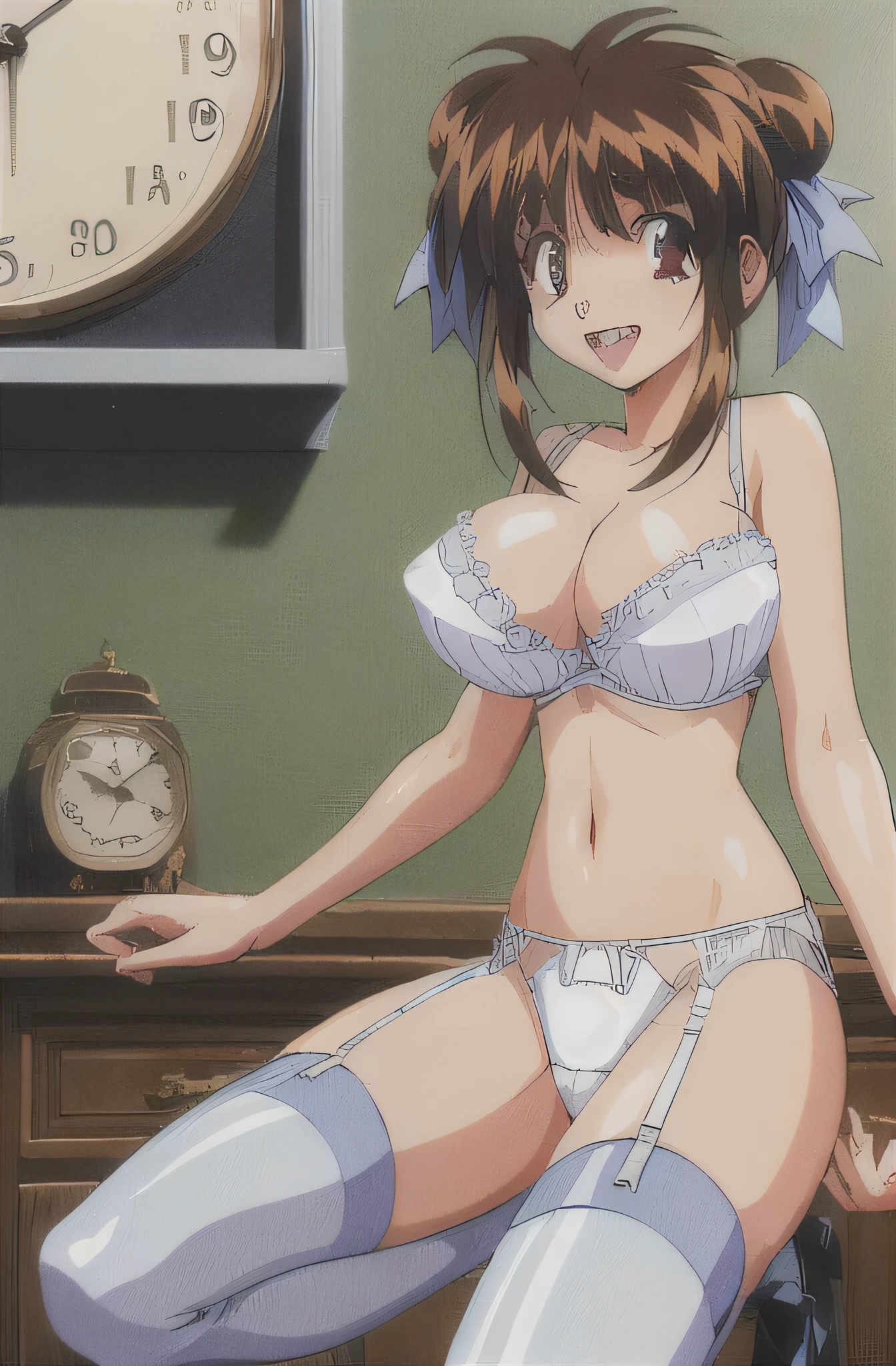 look, 1 girl, alone, hair ribbon, In underwear,white ruffle bra,white panties, clock, garter strap, Thighhighs, teeth, closed one eye, open your mouth, 1990s (style), cleavage, 視聴者をlookいる, jump,whole body,, retro artstyle, smile