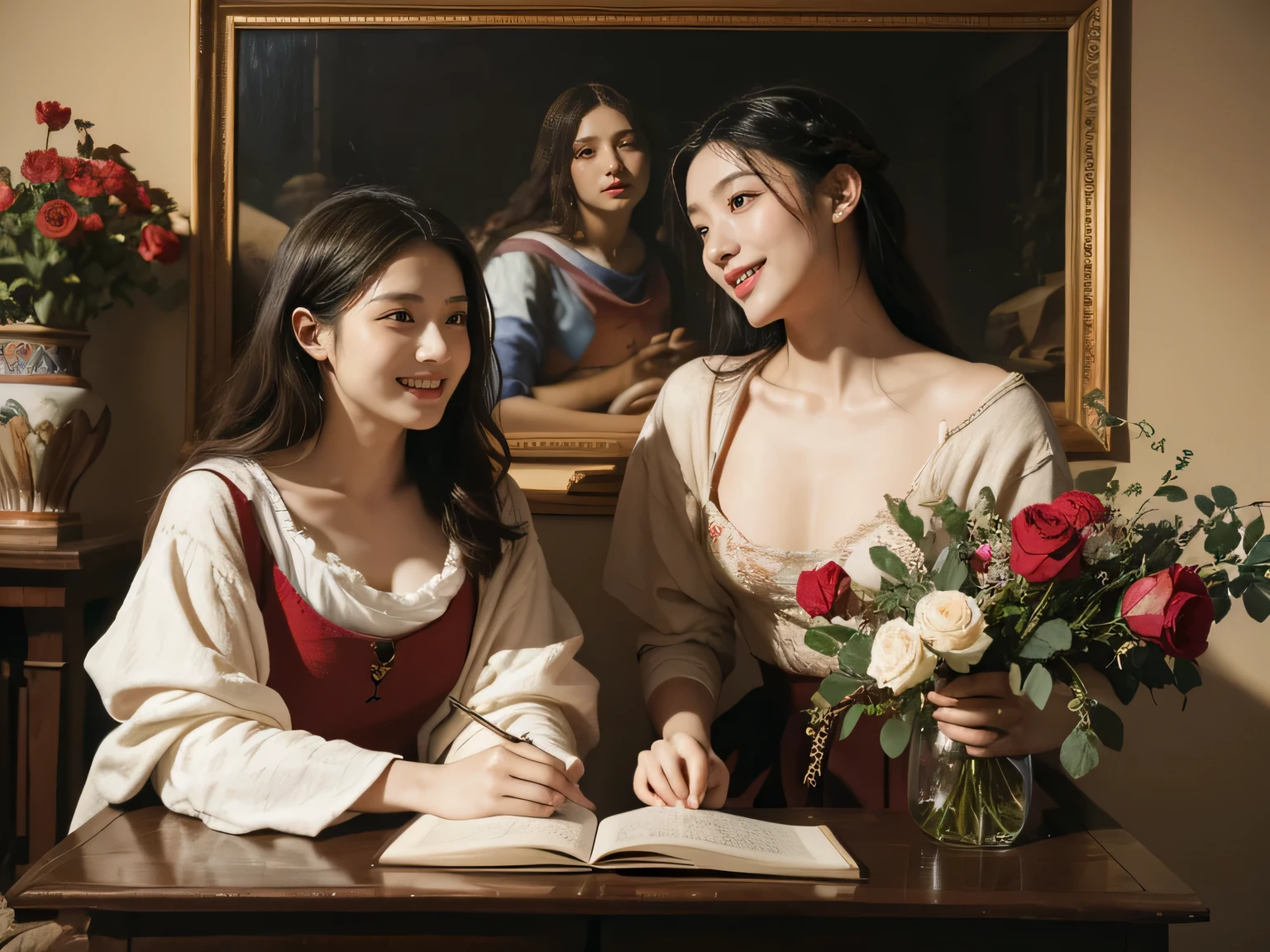 Giorgione painting style,Arguments of two female Philosophe,math、astronomical machine、astronaut、roses in vase、fruits、Cute trinkets、smile、ancient greek costume、Ancient Roman landscape in the style of Nicolas Poussin,laughter,,Sweet and seductive appearance.、Caravaggio's paintings、Chiaroscuro of Caravaggio、hair tousled by the wind,Two women frolicking,cute smile, expression of ecstasy,Sexy,erotic