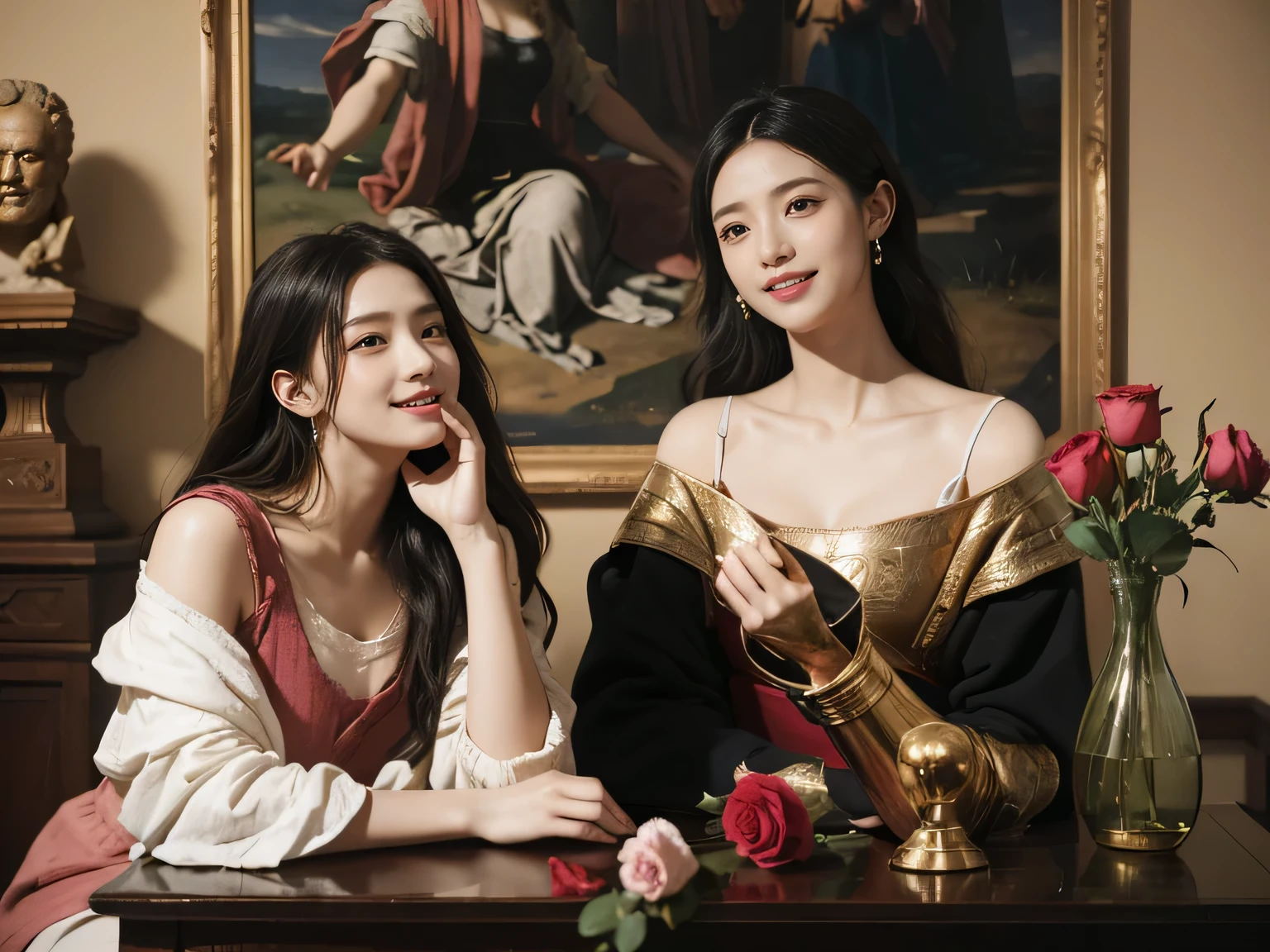 Giorgione painting style,Arguments of two female Philosophe,math、astronomical machine、astronaut、roses in vase、fruits、Cute trinkets、smile、ancient greek costume、Ancient Roman landscape in the style of Nicolas Poussin,laughter,,Sweet and seductive appearance.、Caravaggio's paintings、Chiaroscuro of Caravaggio、hair tousled by the wind,Two women frolicking,cute smile, expression of ecstasy,Sexy,erotic