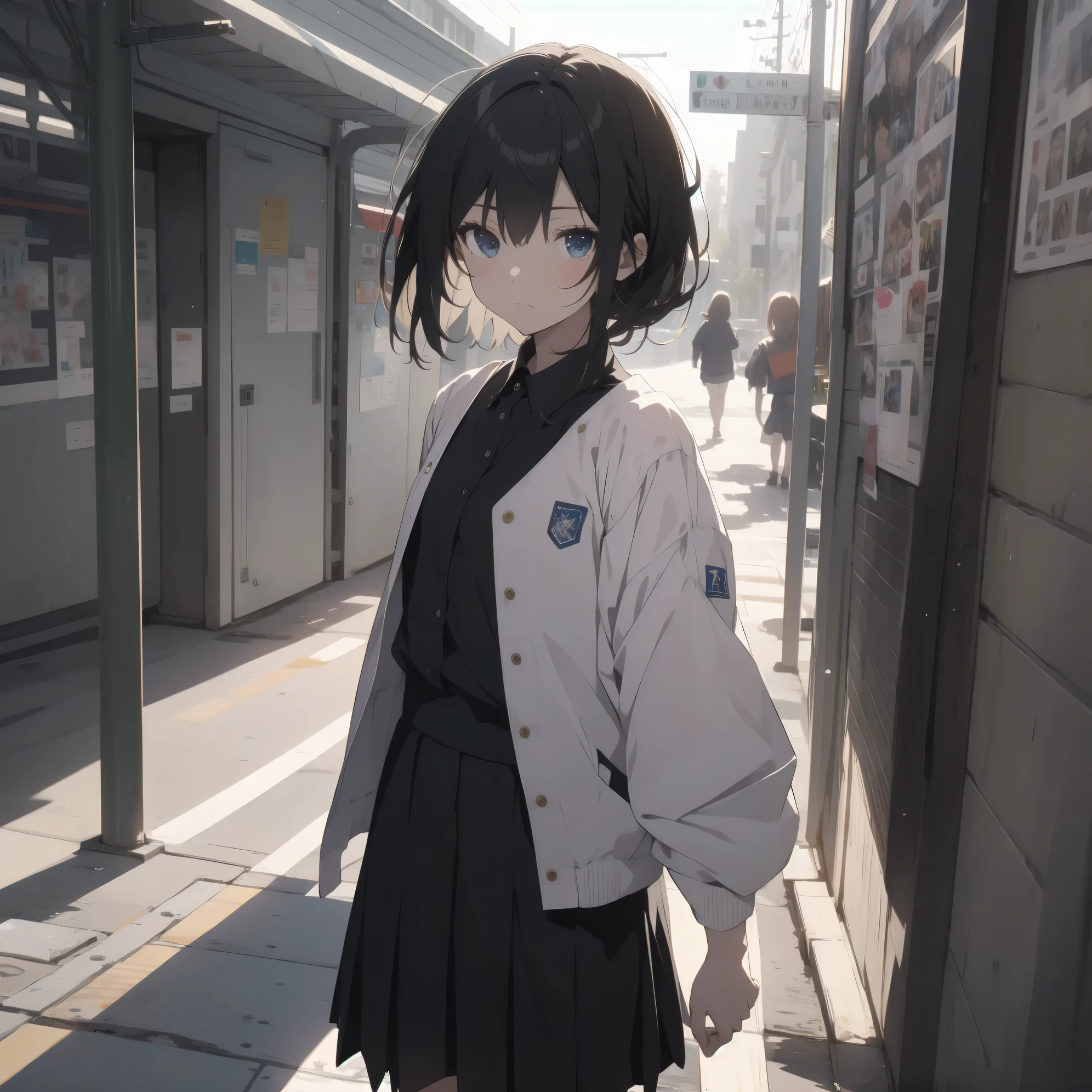 Super absurd quality by the god of art, super detailed, High resolution, anime moe art style, Best Anime 8K Kona-chan Wallpaper, pixiv contest winner, perfect anatomy, break,(眠そうにalone学校へ行く女の子を描いてください. )break,1 girl, (alone,little woman, cute face, 13 years old:1.3),All limbs, full finger,, The charm of an immature body, (very_short hair), shortcut, Bang, flat chest, small ass, between legs, small black eyes, detailed and beautiful eyes, Well-proportioned iris and pupils, expressive eyes, High resolutionの詳細な髪, neck ribbon, shirt, collared shirt, skirt, pleated skirt, school uniform, (detailed lighting), (detailed background), On the way to school. break,super dense skin, Best cinematic lighting powered by famous artist, 8k,Beauty Illustration,photoshop_(Moderate),Absurd Hi-Res,Hmm,rough skin,break,((artist:Fujiyama)), artist:Fujichoko,artist:Yamamoto_Soichiro,artist:hanekoto