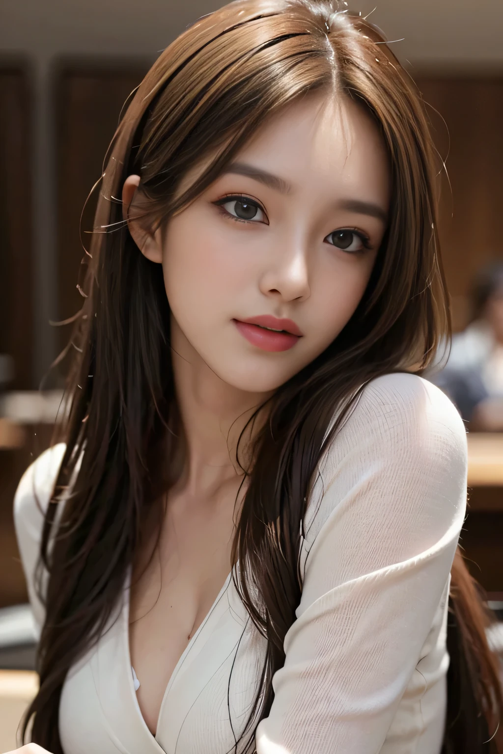 table top, highest quality, realistic, Super detailed, finely, High resolution, 8k wallpaper, 1 beautiful woman,, light brown messy hair, wearing a business suit, sharp focus, perfect dynamic composition, beautiful and detailed eyes, thin hair, Detailed realistic skin texture, smile, close-up portrait, model body shape