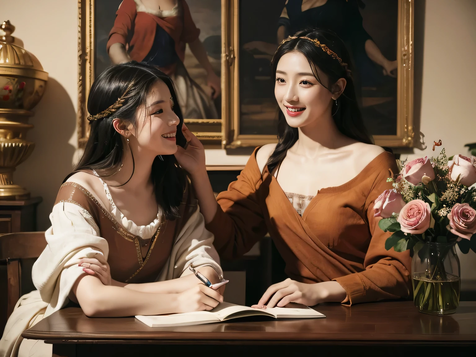 Giorgione painting style,Arguments of two female Philosophe,math、astronomical machine、astronaut、roses in vase、fruits、Cute trinkets、smile、ancient greek costume、Ancient Roman landscape in the style of Nicolas Poussin,laughter,,Sweet and seductive appearance.、Caravaggio's paintings、Chiaroscuro of Caravaggio、hair tousled by the wind,Two women frolicking,cute smile, expression of ,Sexy,er