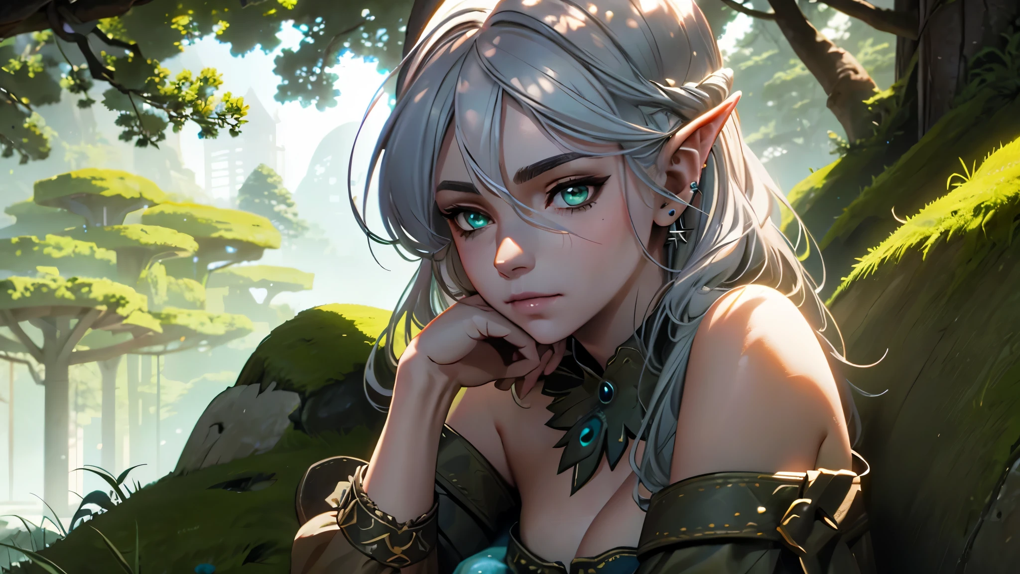 A beautiful girl (model) aged 17-19. She resembles Ciri from The Witcher 3, with silver hair and a slender figure. She has elven ears with piercings. She is sitting on a moss-covered boulder, looking bored. Oil painting, high-quality, ultra-detailed, photorealistic:1.37, vivid colors, fine brushstrokes, professional lighting, bokeh. Keywords: girl, model, Ciri, silver hair, slender figure, elven ears with piercings, sitting on a moss-covered boulder, bored. Color palette: Cool tones with hints of purple and blue, giving a mystical atmosphere. Lighting: Soft natural light shining through a canopy of trees, casting dappled shadows on the girl and the surrounding environment, creating an ethereal ambiance.