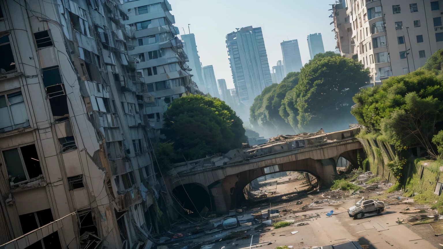 8K masterpiece, ((A city in ruins after the extinction of humanity)), ((soft light))、Tokyo、collapsing building、building、highway、(the plant is eroding,) 、ivy is tied to the building、wide angle、200 years after the demise of mankind、Low - Angle、