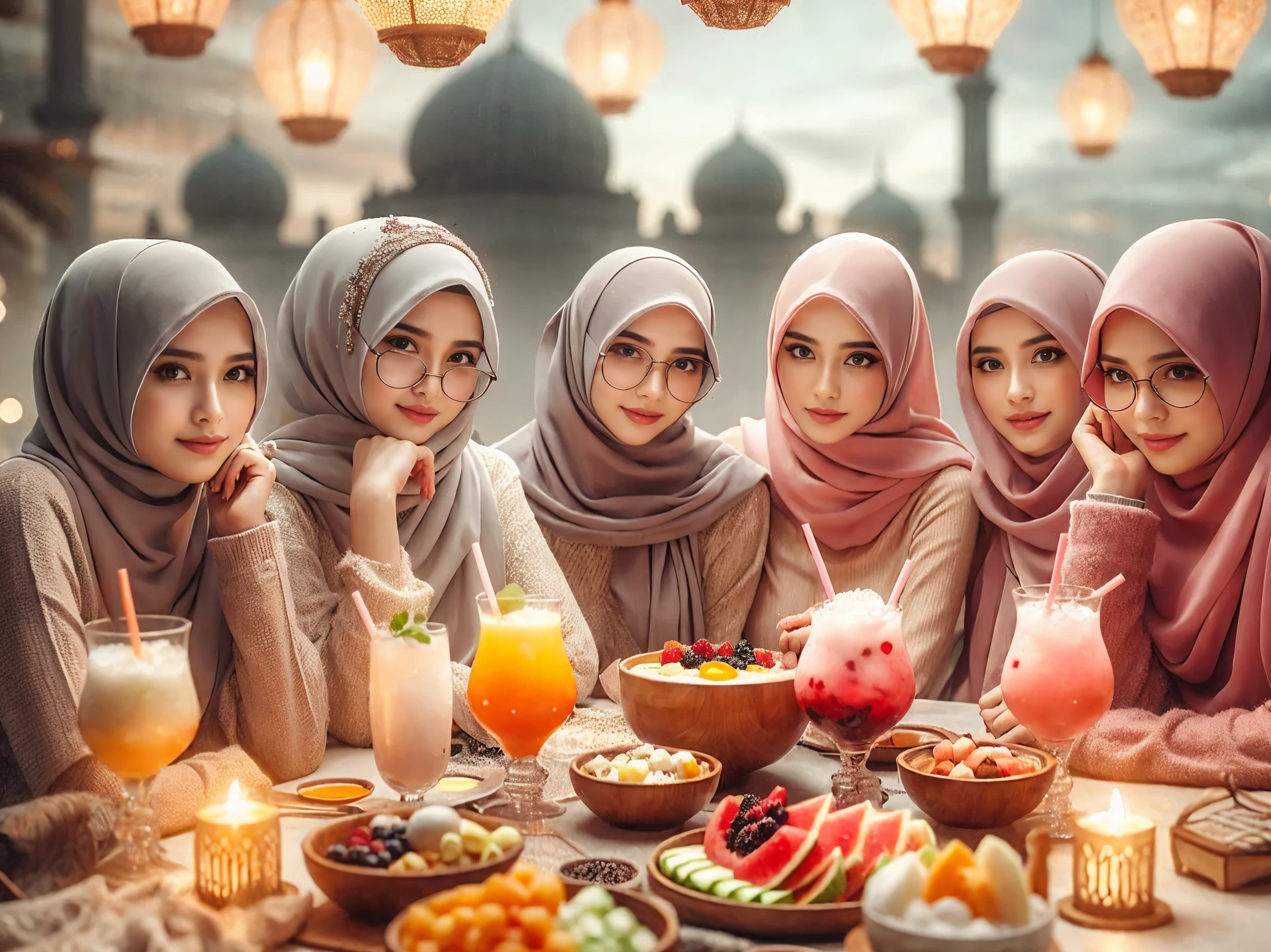 muslim women sitting at a table with a variety of food and drinks, profile picture 1024px, portrait shot, eastern art style, high quality portrait, realism art, middle eastern, artwork in the style of guweiz, orientalisme, beautiful artwork, beautiful girls, hijab, by Basuki Abdullah, perfect composition and lighting