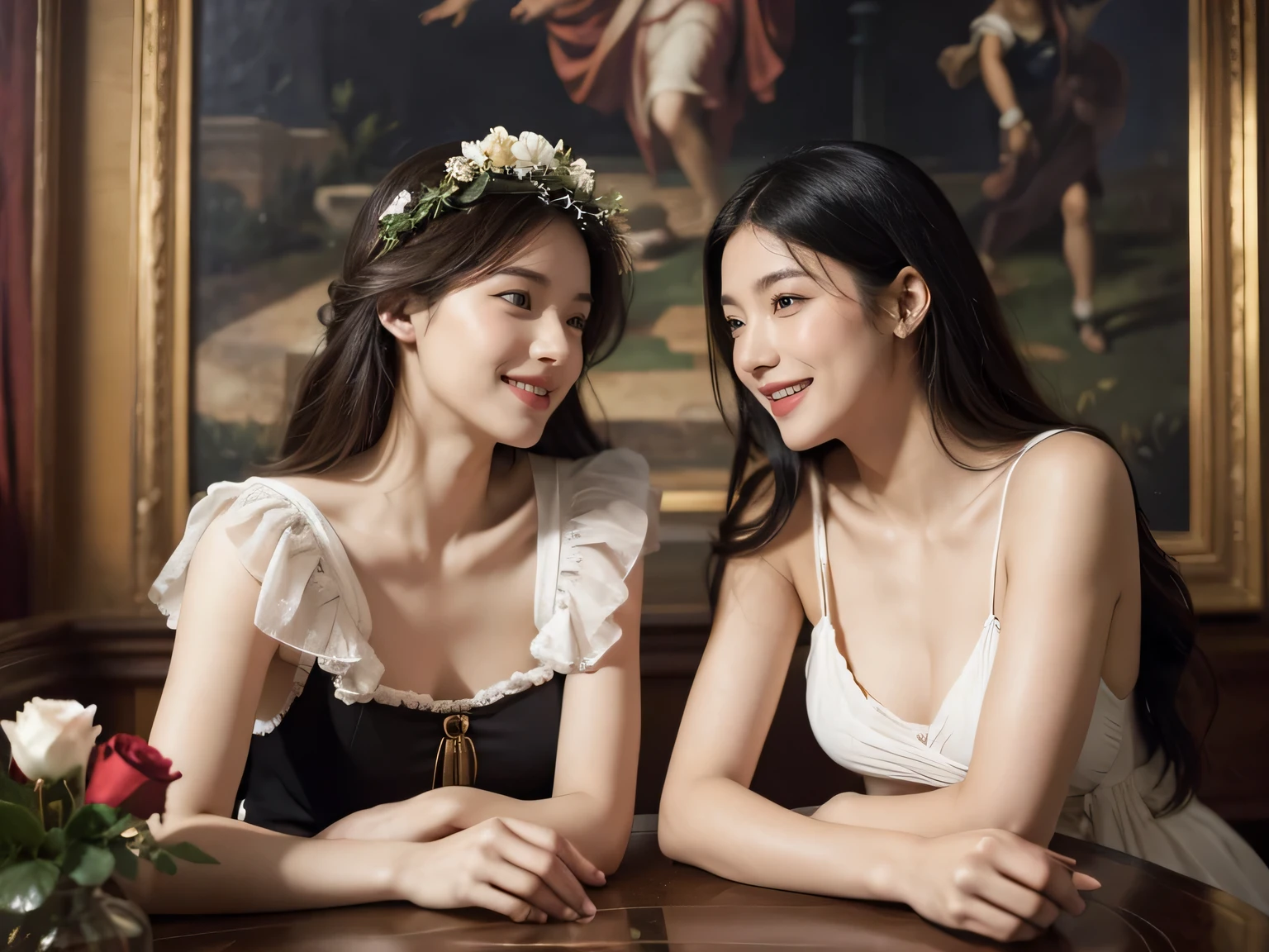 Giorgione painting style,Arguments of two female Philosophe,math、astronomical machine、astronaut、roses in vase、fruits、Cute trinkets、smile、ancient greek costume、Ancient Roman landscape in the style of Nicolas Poussin,laughter,,Sweet and seductive appearance.、Caravaggio's paintings、Chiaroscuro of Caravaggio、hair tousled by the wind,Two women frolicking,cute smile, expression of ,Sexy,er