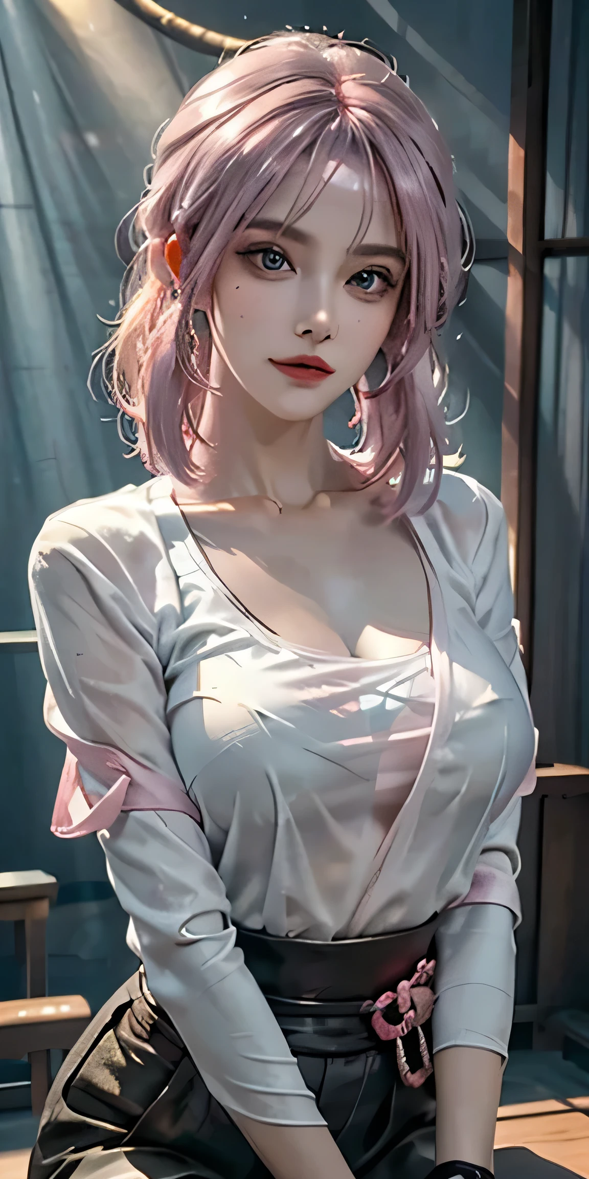 Upper body, (SW1MC0V3R:1.2), shirt, See-through, Fishnet tights,(sharp focus:1.2), portrait, ((take a pose)), (beautiful face:1.1), fine eyes, luscious lips, ((shortcut)), (bright studio lighting:1.2), written boundary depth, Bokeh,Medium chest, ((erect nipples)), thin waist, pink hair,