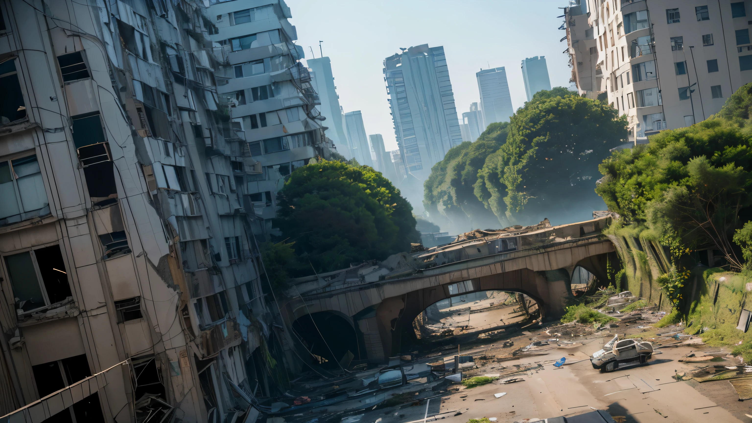 8K masterpiece, ((A ruined city after the extinction of humanity)), ((soft light))、Tokyo、collapsing building、building、highway、(The plant is eroded,) 、ivy is tied to the building、wide angle、200 years since the extinction of humanity、Low - Angle、