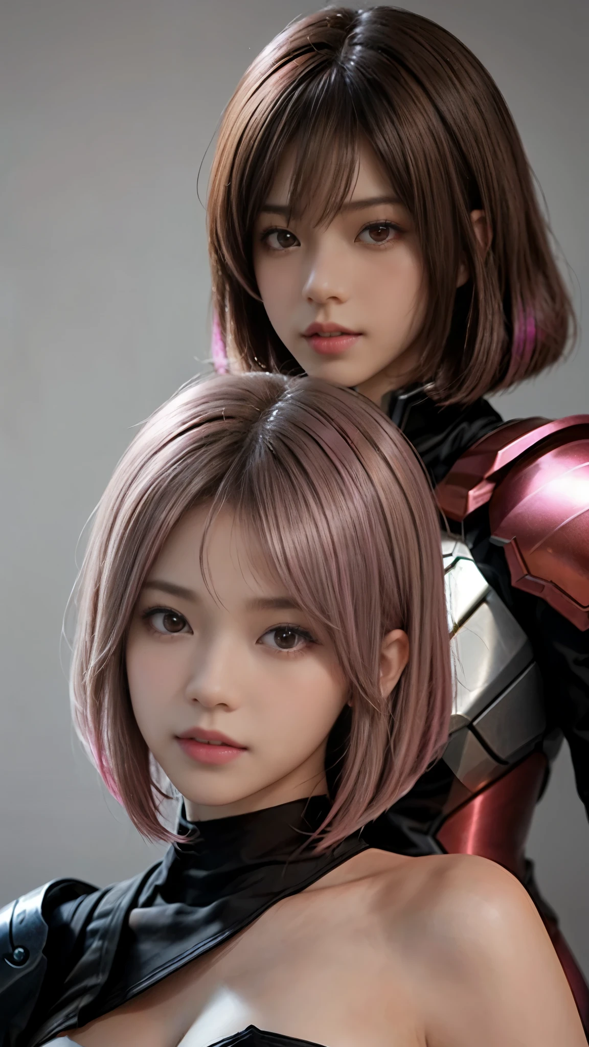 Photo of two realistic black Sazabi girls，Shortcut Bob Cut，I have a lot of hair，brown eyes，Hair color is bright pink，cool look，background is gray，16 year old daughter of Haman Khan and Char Aznable.