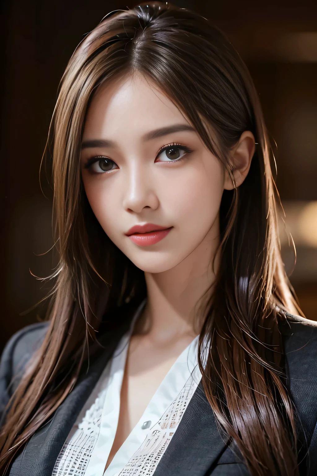 table top, highest quality, realistic, Super detailed, finely, High resolution, 8k wallpaper, 1 beautiful woman,, light brown messy hair, wearing a business suit, sharp focus, perfect dynamic composition, beautiful and detailed eyes, thin hair, Detailed realistic skin texture, smile, close-up portrait, model body shape