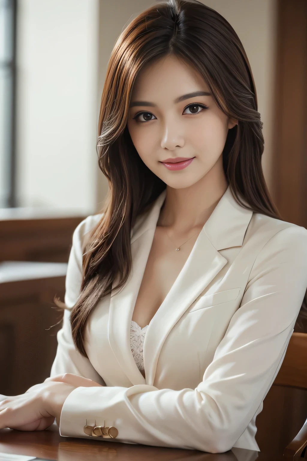 table top, highest quality, realistic, Super detailed, finely, High resolution, 8k wallpaper, 1 beautiful woman,, light brown messy hair, wearing a business suit, sharp focus, perfect dynamic composition, beautiful and detailed eyes, thin hair, Detailed realistic skin texture, smile, close-up portrait, model body shape