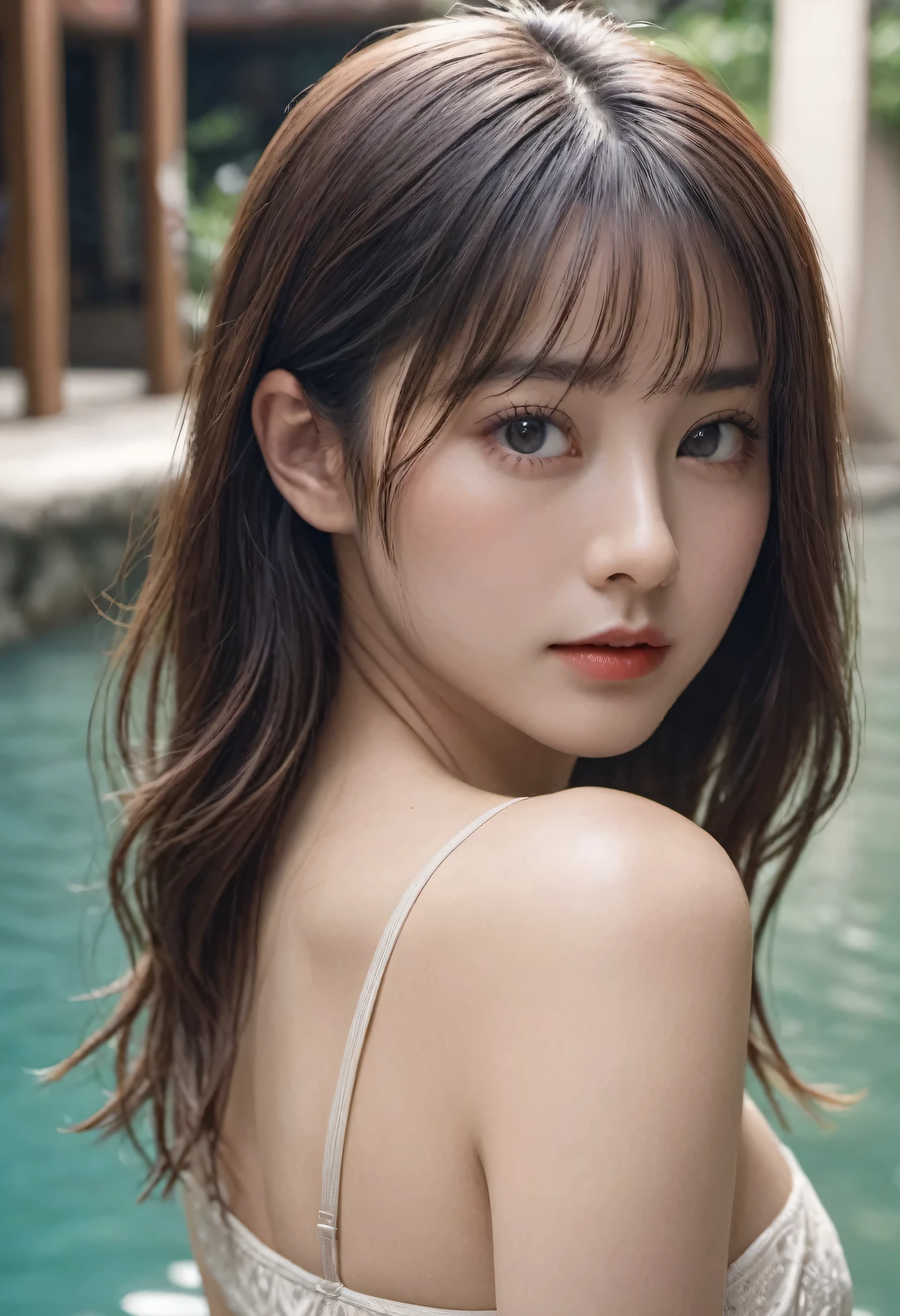 Highest quality, RAW Photos, Realistic, face, Incredibly beautiful girl, cute, length Hair,ponytail，Glasses，Written boundary depth, High resolution, 超detailed, detailed, Very detaileded, extremely detaileded eye and face, Sharp pupils, Realistic students, Sharp focus, Cinema Lighting, Japanese, Physical build, length, Narrow eyes, Fleeting atmosphere, 30 years old, Brown Bob Hair, ((Thin lips)), White top and bottom underwear, masterpiece, Highest quality, detailedな肌, detailedなface, fine grain, 8K, Excellent anatomy, Upper body portrait，Flat Delicate and sexy collarbone, Beautiful woman、Big Breasts (beautiful girl, Delicate girl:1.3), 
break, (ワンピースSwimwear, Swimwear:1.2),
break, (Pool:1.3),
break, Very beautiful eyes, (Symmetrical eyes:1.3),
break, Small breasts, Brown eyes, Parted bangs, Brown Hair, (Upper teeth, 最高の笑face:0.2),
break, (目とfaceの細部まで:1.0),
break, (masterpiece, Highest quality, 超detailed, detailedなface, 8K)