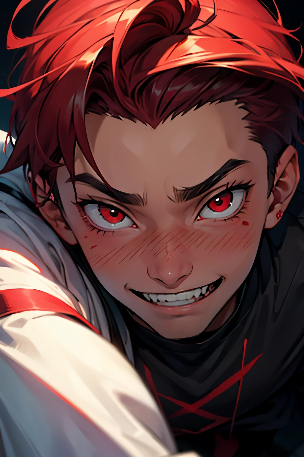 masterpiece, best quality, a young boy, 18 years old, with a crazy smile, crazy eyes, psycho face, red eyes, blushed cheeks, looking to the viewer, villain, evil, kidnapper