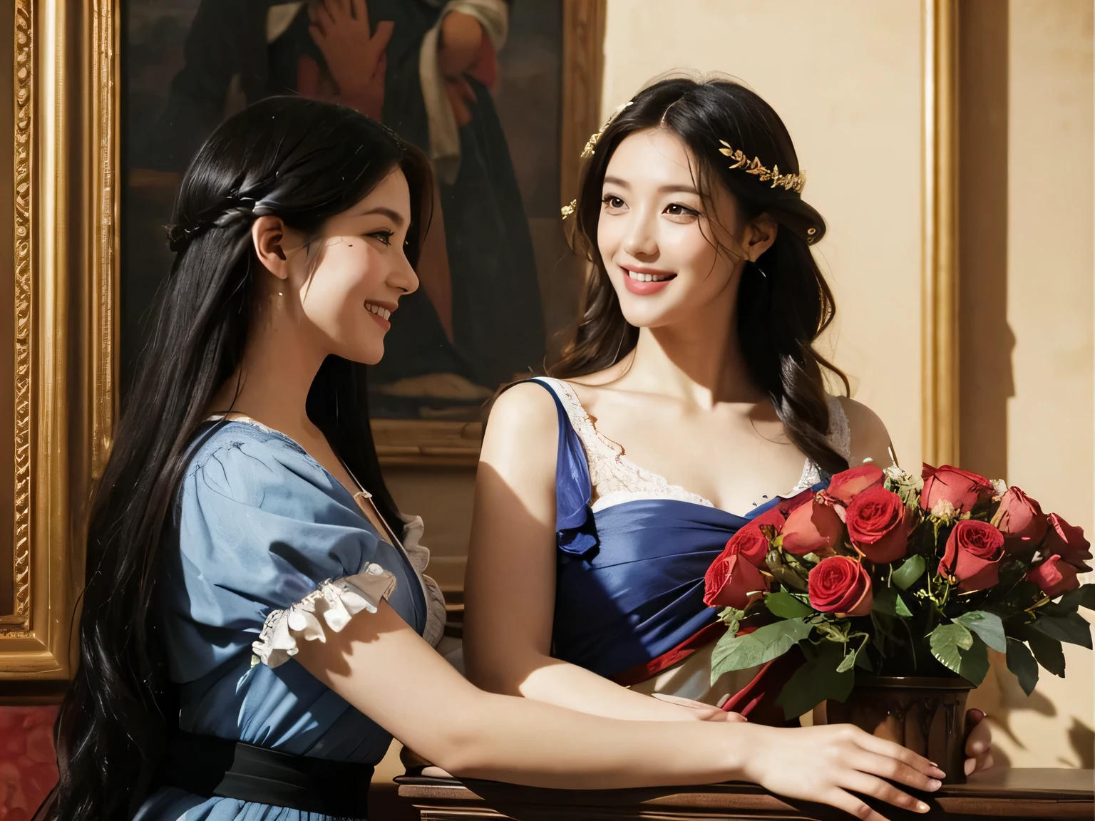 Giorgione painting style,Arguments of two female Philosophe,math、astronomical machine、astronaut、roses in vase、fruits、Cute trinkets、smile、ancient greek costume、Ancient Roman landscape in the style of Nicolas Poussin,laughter,,Sweet and seductive appearance.、Caravaggio's paintings、Chiaroscuro of Caravaggio、hair tousled by the wind,Two women frolicking,cute smile, expression of ecstasy,Sexy,erotic