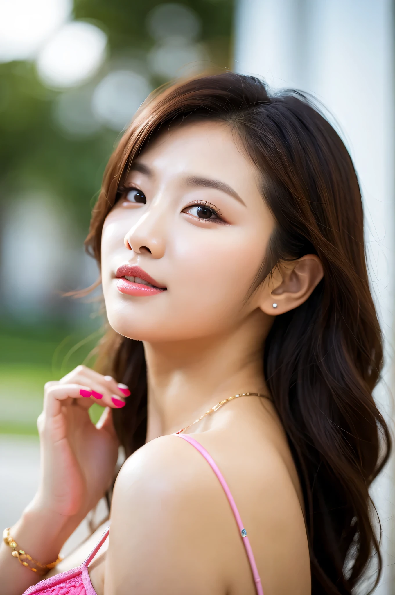 Canon RF85mm f/1.2,masterpiece,best quality,ultra highres,vc,1 girl,(korean mixed,kpop idol:1.2),solo,white_shiny_skin,black eyes,necklace,((brown_short_wavy_hair)),((pink_shiny_lips)),eyelashes,bangs,aface,make-up,shiny,Pore,skin texture,bracelet,offshoulder,see-through,big breasts