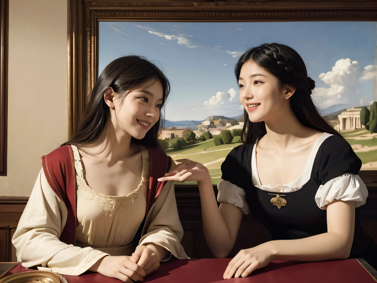 Giorgione painting style,Arguments of two female Philosophe,math、astronomical machine、astronaut、roses in vase、fruits、Cute trinkets、smile、ancient greek costume、Ancient Roman landscape in the style of Nicolas Poussin,laughter,,Sweet and seductive appearance.、Caravaggio's paintings、Chiaroscuro of Caravaggio、hair tousled by the wind,Two women frolicking,cute smile, expression of ecstasy,Sexy,erotic