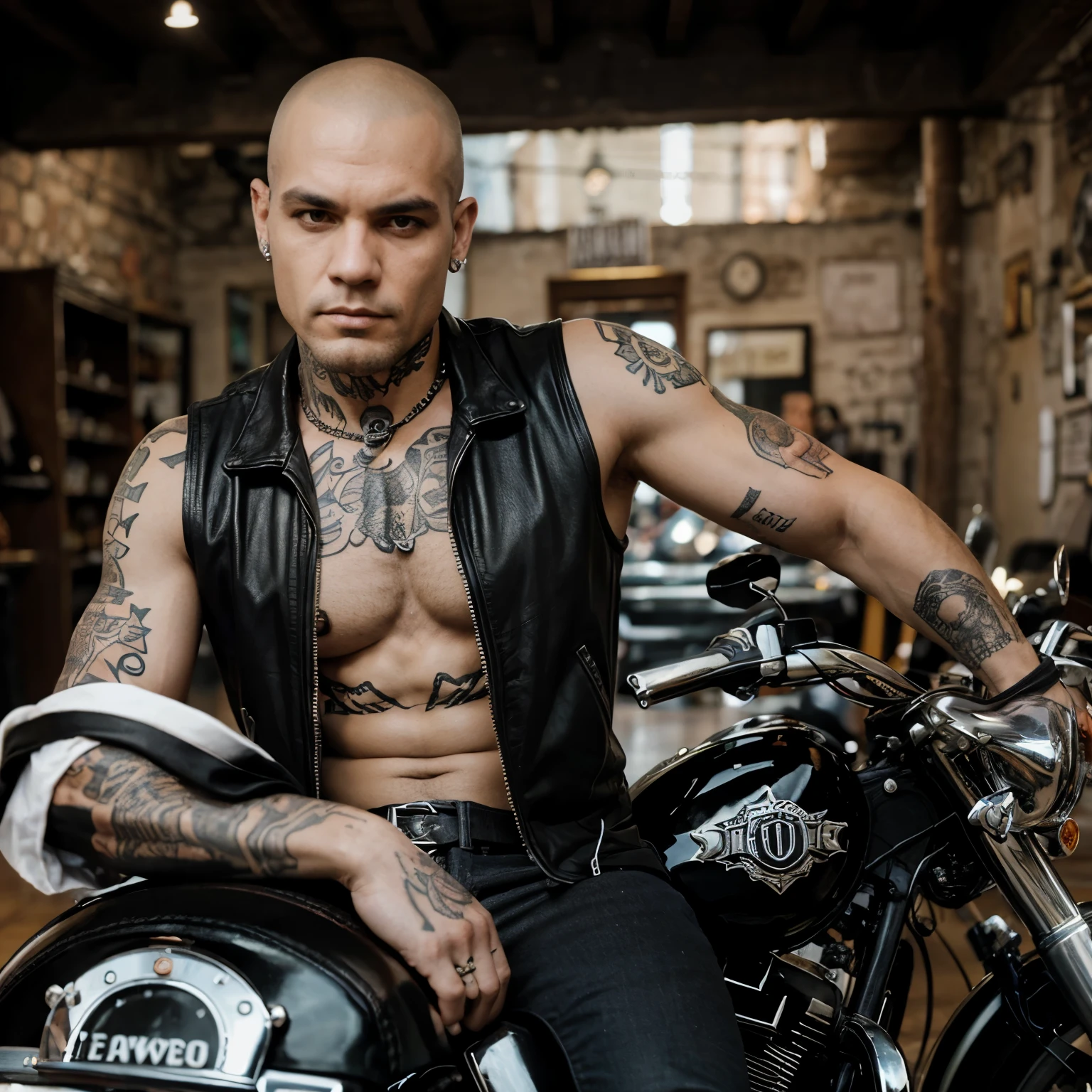 Homem branco tatuagem caveira do lado do olho esquerdo, shaved head with motorcycle club vest and riding a black Harley