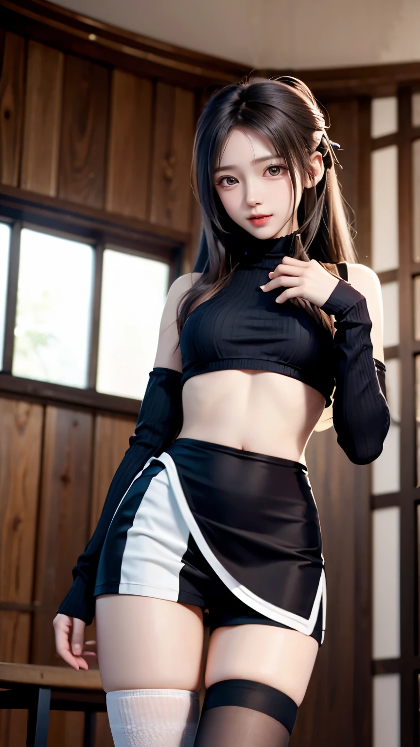 Supermodel、perfect shape、Muchimuchi、girl is staring at the screen、　3 girls、、Thighhighs、beautiful feet、Kunoichi、female ninja、headphone、dignified expression、seen by a girl from below、Innocent face、mini skirt、、A girl doing a roundhouse kick while holding a small sword、voluptuous、ninja、bike shorts