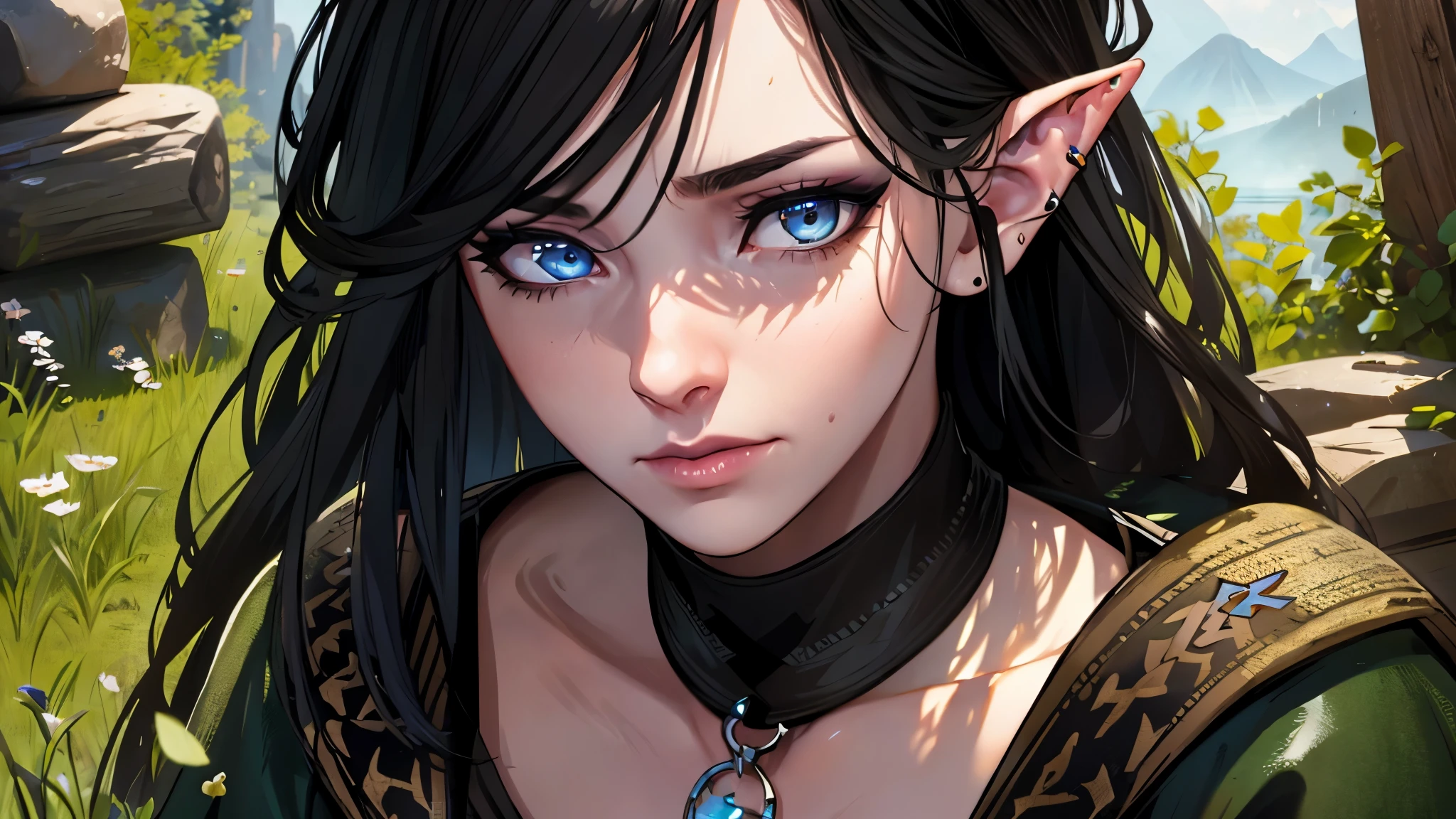 (high quality,4k,8k,highres,masterpiece:1.2),ultra-detailed,realistic,Eyes like Jennifer from Witcher 3,longeyelashes,beautiful detailed eyes,beautiful detailed lips,black hair,detailed face details,(thin:1.1),(young:1.1),(elf-like:1.1),model,slender figure,elf ears with piercing,sitting on a moss-covered boulder,yawning out of boredom,illustration,photorealistic,portrait,dark fantasy style,vivid colors,soft lighting,misty atmosphere