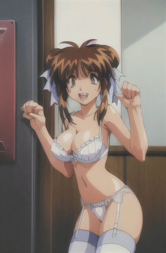 look, 1 girl, alone, hair ribbon, In underwear,white ruffle bra,white panties, clock, garter strap, Thighhighs, teeth, closed one eye, open your mouth, 1990s (style), cleavage, 視聴者をlookいる, cowboy shot, retro artstyle,