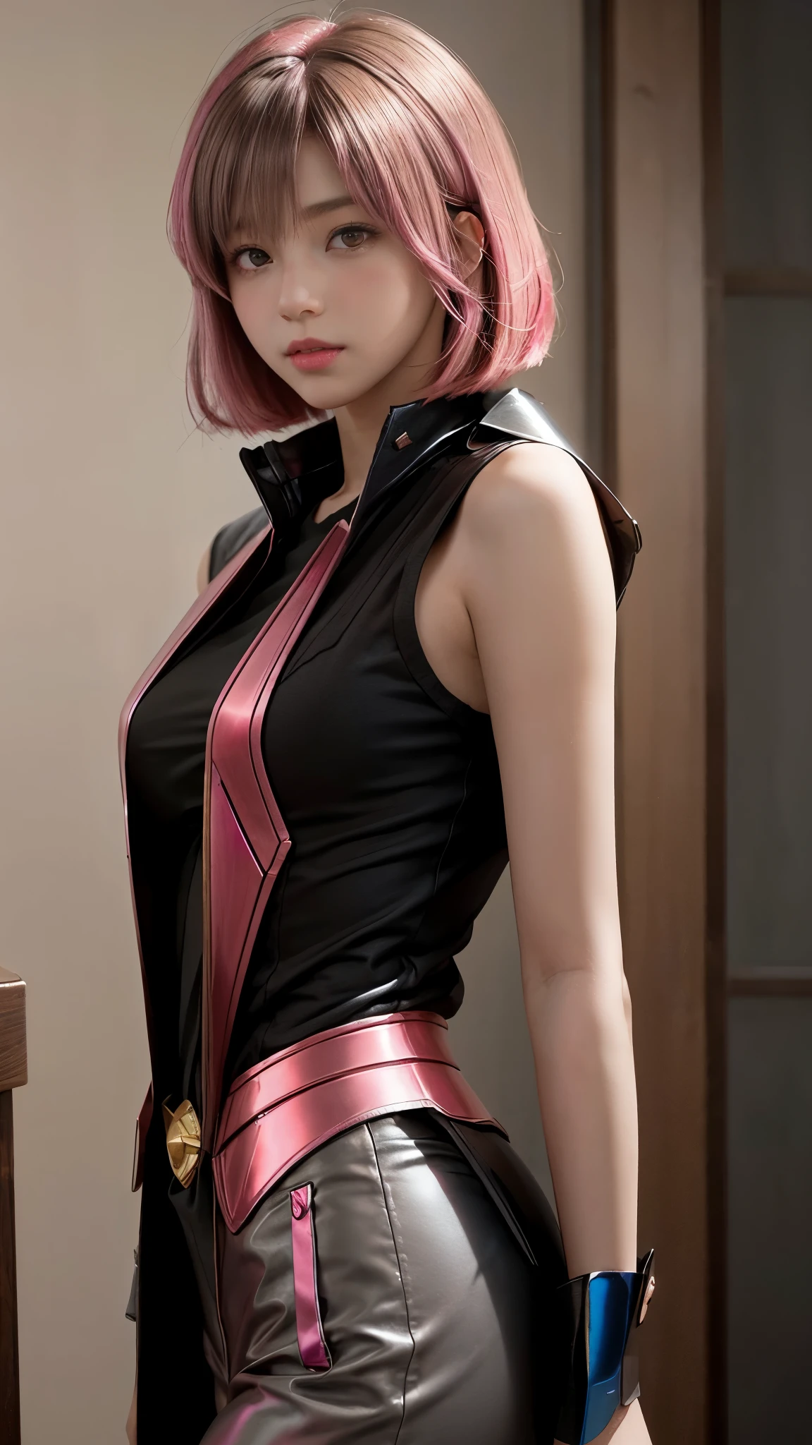 Photo of two realistic black Sazabi girls,Shortcut Bob Cut,I have a lot of hair,brown eyes,Hair color is bright pink,cool look,background is gray,16 year old daughter of Haman Khan and Char Aznable.